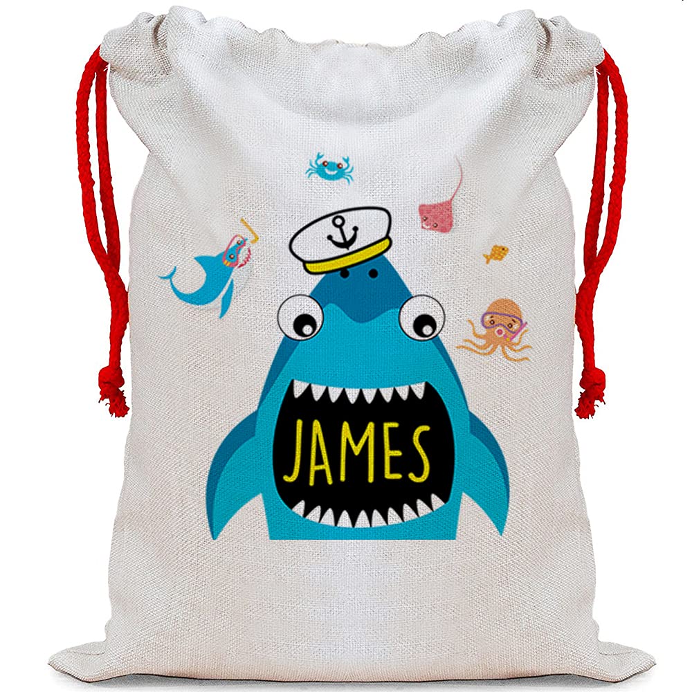 Giftme Boys Sack - Red Strings Personalised Captain Sailor Whale/Shark Fish Any Name For Kids- Toddlers Storage Sack, Kids Toys Sack, Kids Stuff Sack Linen Santa Sack With Drawstrings Toy Bag (Sack - Natural Strings)