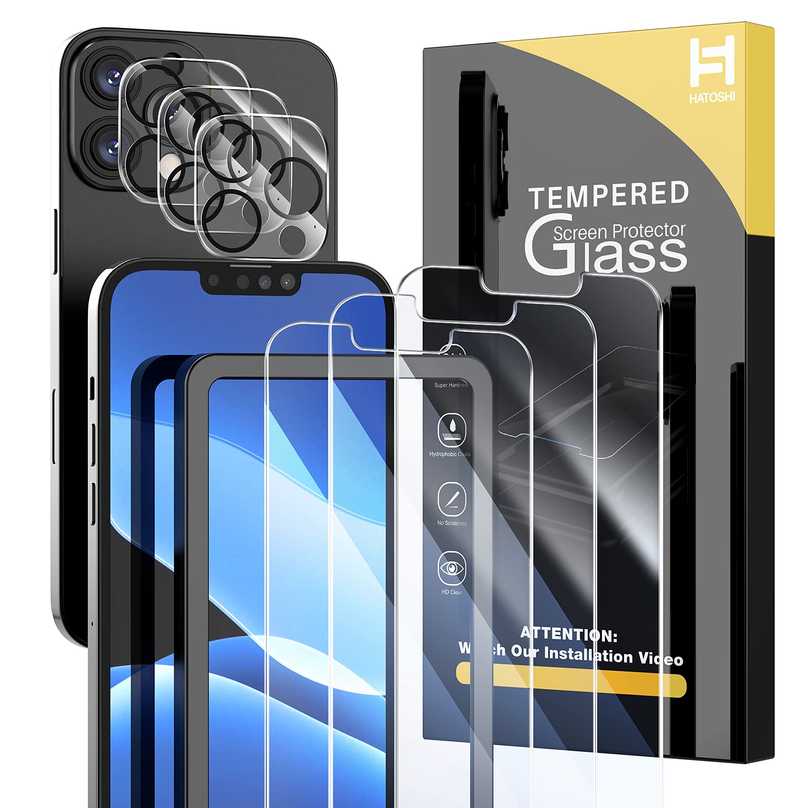 HATOSHI[3+3 Pack] for iPhone 13 Pro Max 6.7-inch, 3 Pack Tempered Glass Screen Protector +3 Pack Camera Lens Protector, [Easy Installation Tray]Bubble Free Case Friendly Clear Protective Screen Cover