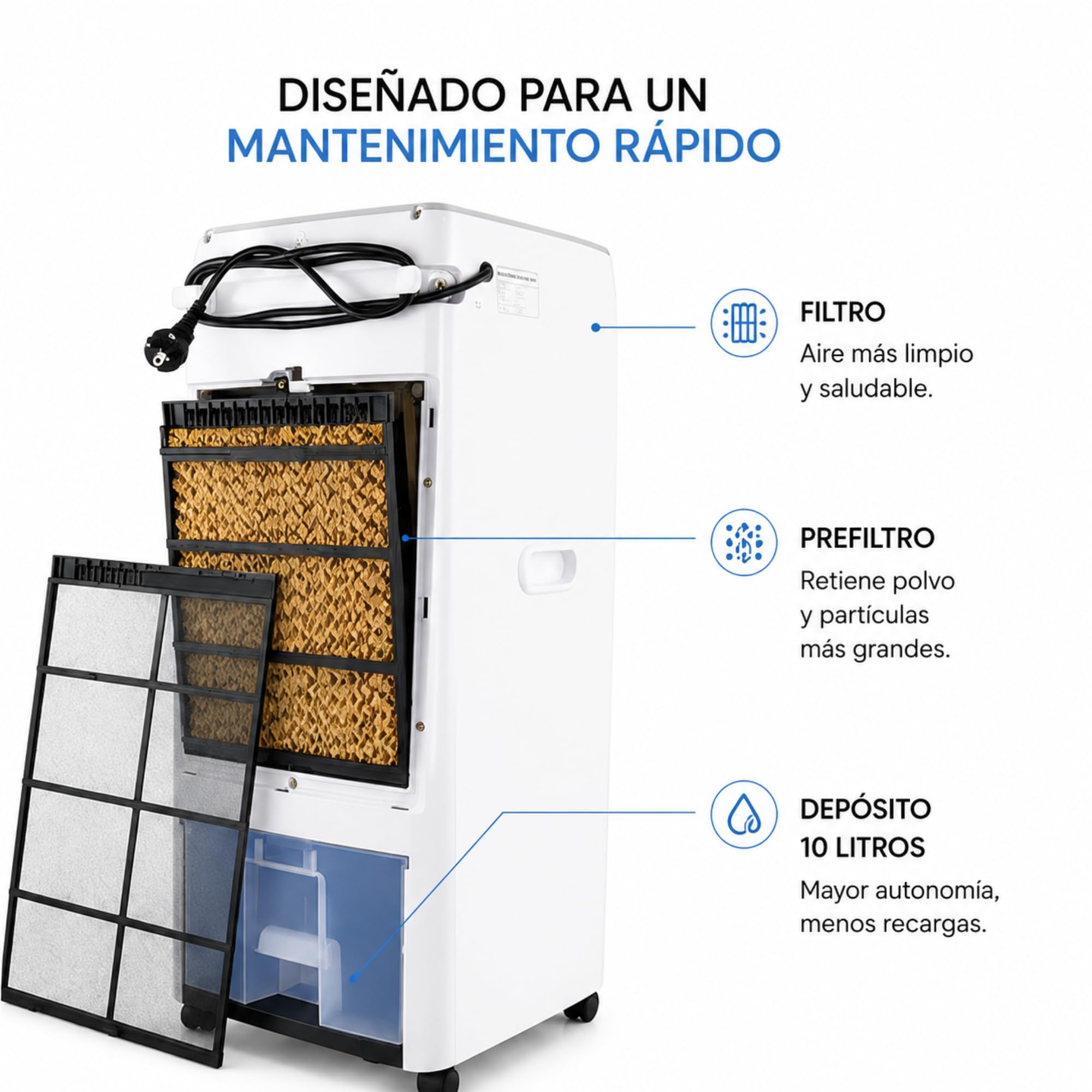 Vonala Climatizador Evaporativo con Calefacción E1100C – Enfriador de Aire Portátil 3 en 1, Depósito 10L, 6 Velocidades, Mando a Distancia, 130W, Cobertura 25m²