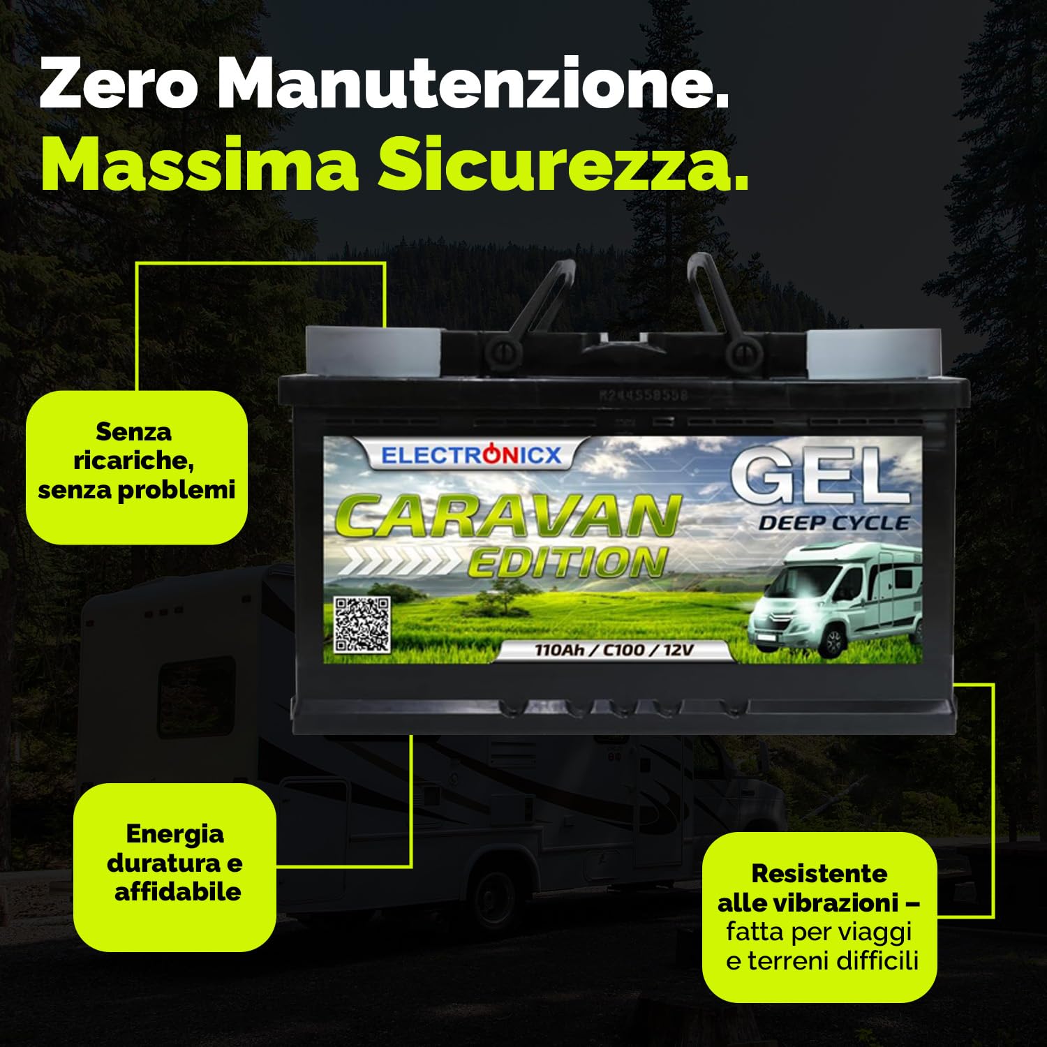 Electronicx Batteria di alimentazione GEL 110Ah 12V Caravan Edition – 110 Ah C100 – Batteria GEL per camper, barca, van, impianto solare a isola – 315×175×190 mm – senza manutenzione, a tenuta stagna