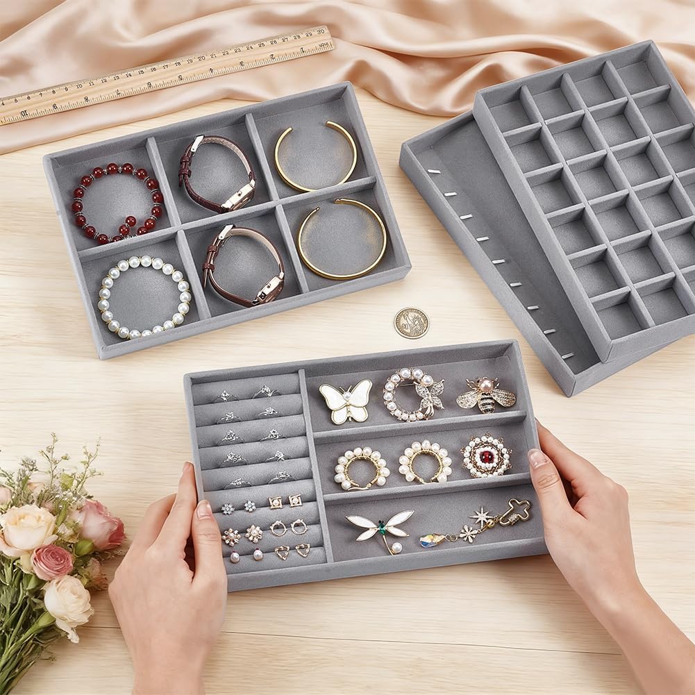 UNICRAFTALE 4 Pack Velvet Jewelry Tray Stackable Jewelry Organizer Gray Rectangle Necklace Bracelet Earring Ring Display Tray for Drawer Counter Photo Shoot 9.3x6x1 Inch