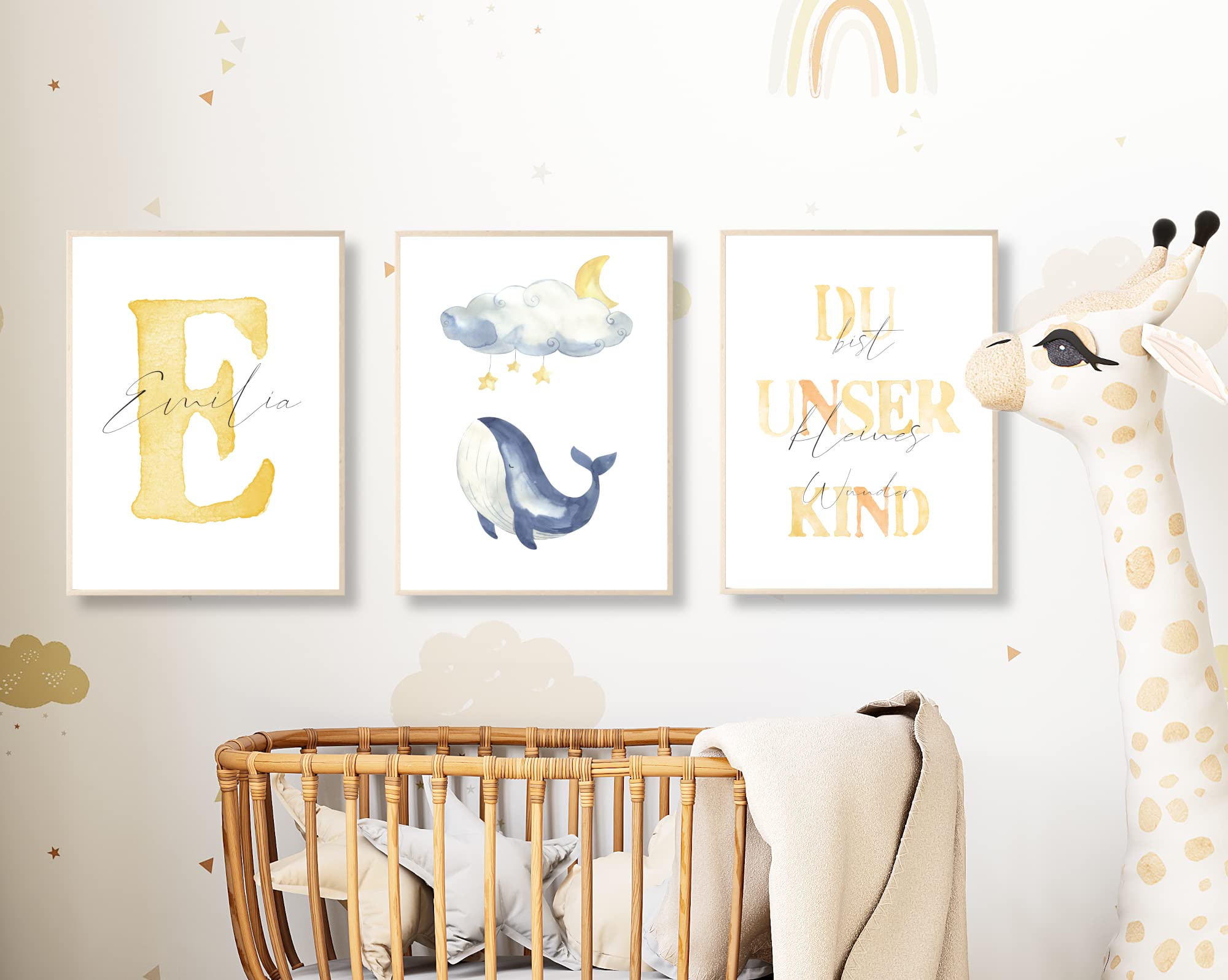 Pandawal Kinderzimmer Bilder mit Spruch und Name Wal 3er Poster- Set für Mädchen und Junge Wandbilder