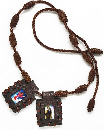 Miniatura 2 de Pulsera Sagrada Escapularia Católica de Cuero Marrón Hecho a Mano del Sagrado Corazón de Jesús, Sagrada Virgen del Carmen, Sagrada Virgen de