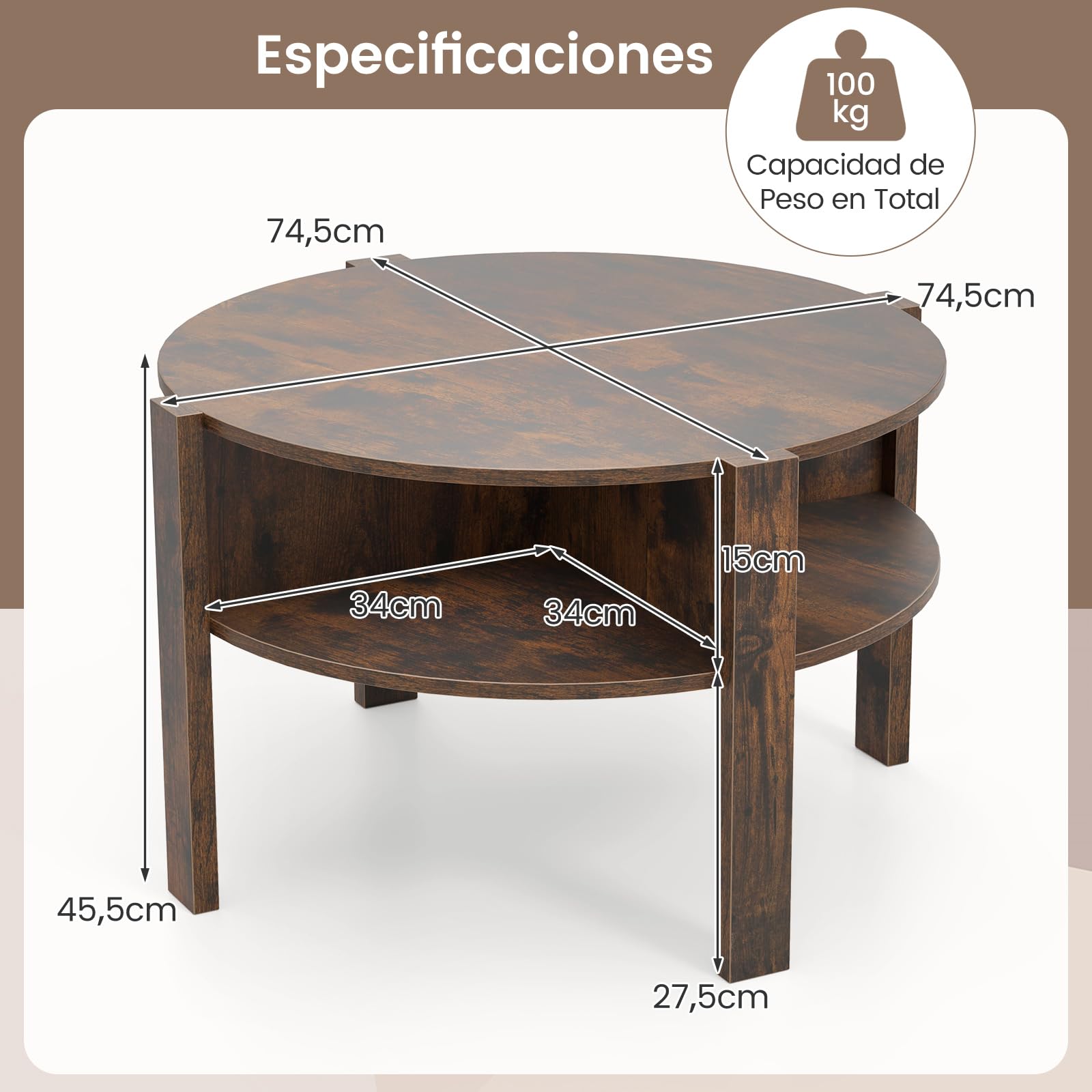 COSTWAY Mesa de Centro Redonda, Mesita Auxiliar Redonda de 2 Niveles, Encimera Amplia, 4 Compartimientos Inferiores y Patas Elevadas, Mesa de Café para Salon Dormitorio, 74,5x74,5x45,5 cm (Café)