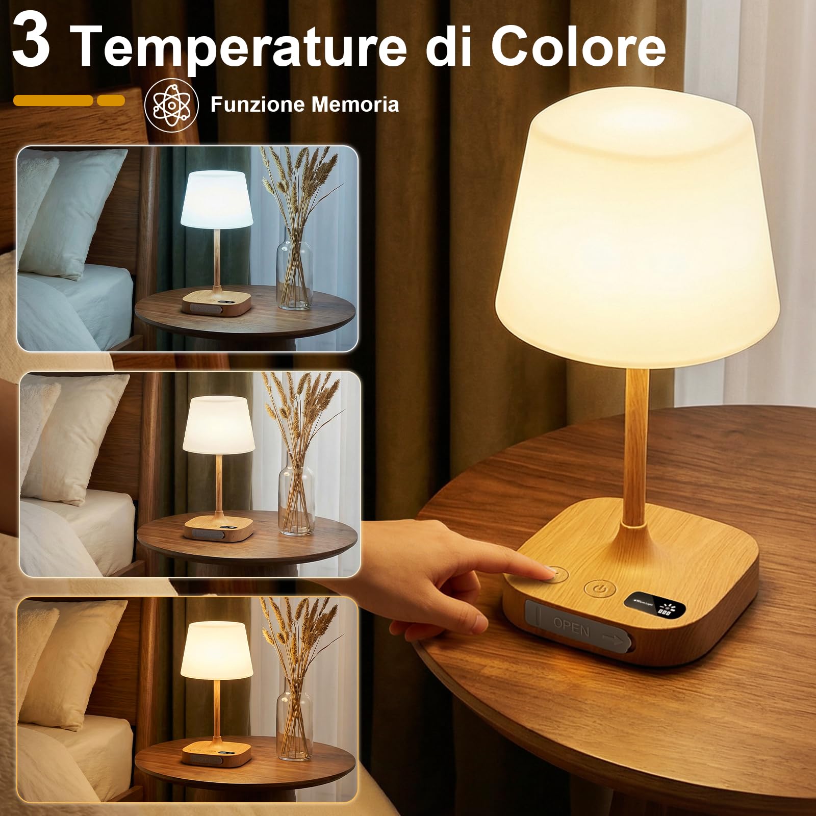Lampade da Comodino Touch Set da 2, Lampada da Tavolo Senza Fili LED | Dimmerabile Ricaricabile Luce Notturna senza Fili con Memoria, Luce Notturna LED per Campeggio all'aperto Esterno Verande