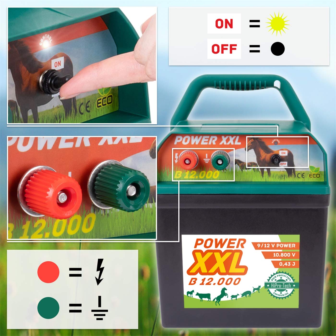 Elettrificatore B 12.000, Elettrificatore da 9 V /12 V, Set inclusivo di Cartello di Pericolo Internazionale, per recinzioni per Cavalli, Pony, Piccoli Animali, Pecore e pollame