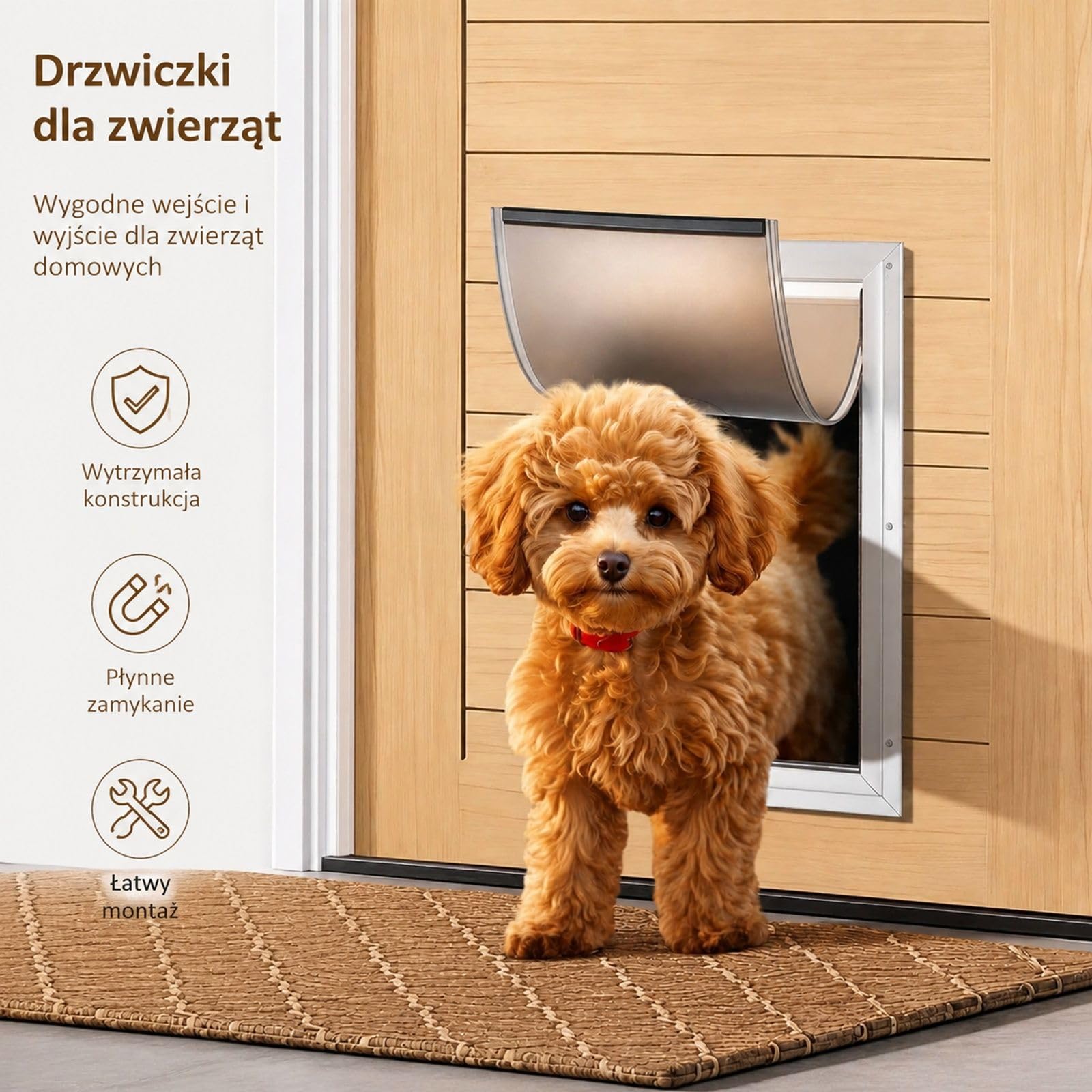 Klapka dla zwierząt dla kota i psa, aluminiowa rama, magnetyczny system klapy, biała, do montażu w drzwiach