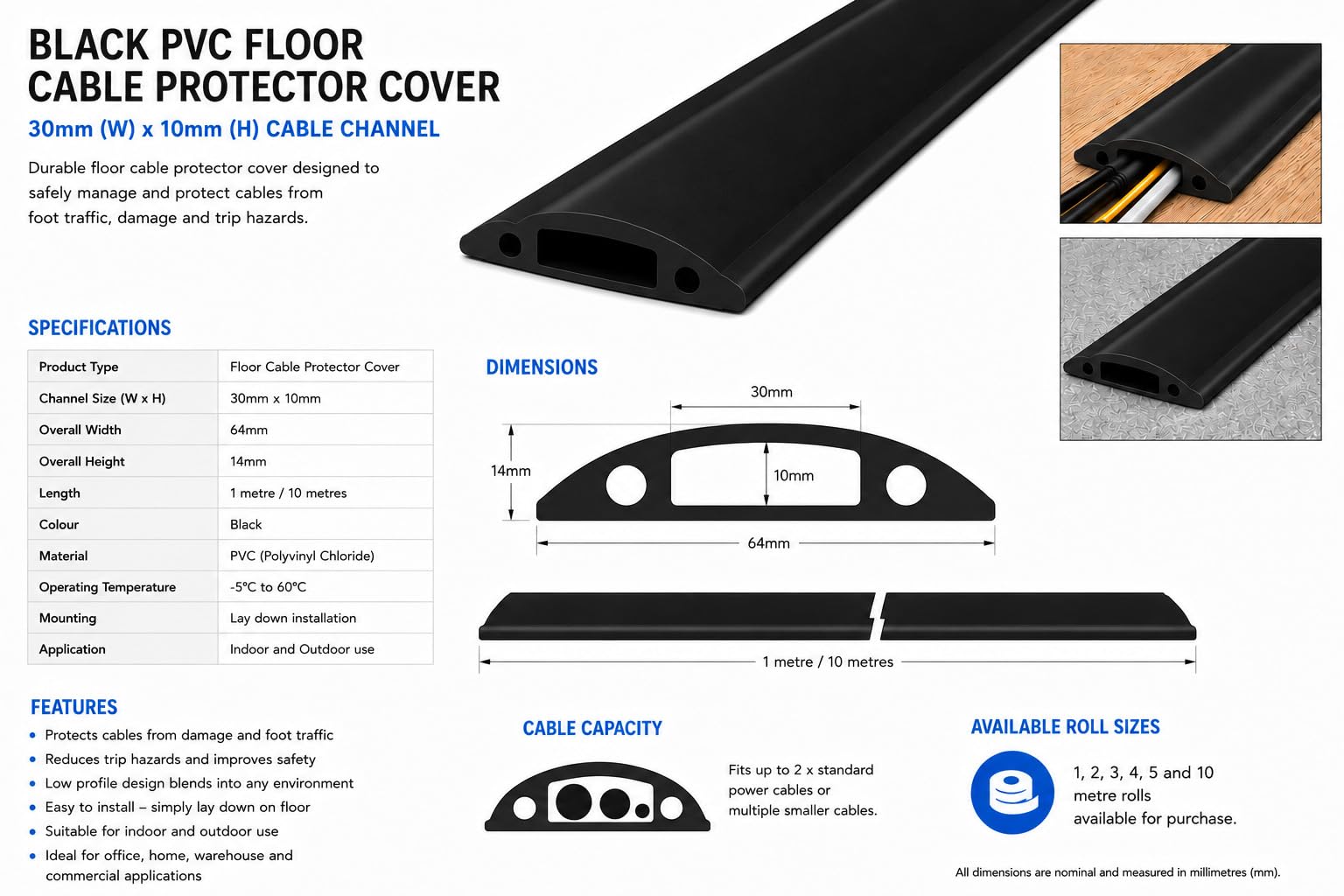 On1shelf® Protector de piso de servicio medio, para evitar un peligro de viaje, cavidad de cable de 30 mm de ancho x 10 mm de alto, negro (10 m)