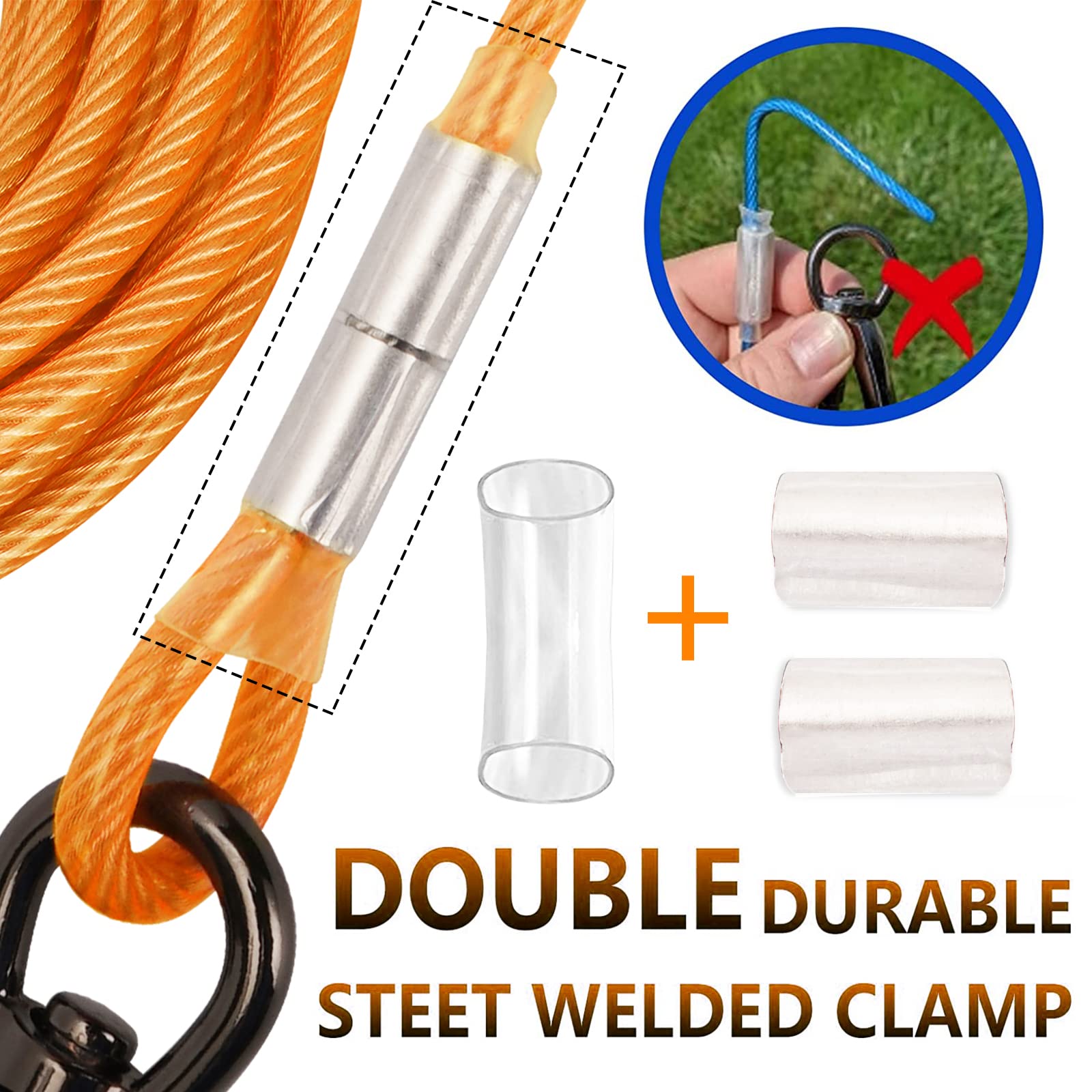 Câble d'attache orange pour chien avec crochet pivotant à ressort verrouillable, chaînes robustes pour l'extérieur pour animaux de compagnie, câbles de course pour chiens jusqu'à 226,8 kg (3 m)
