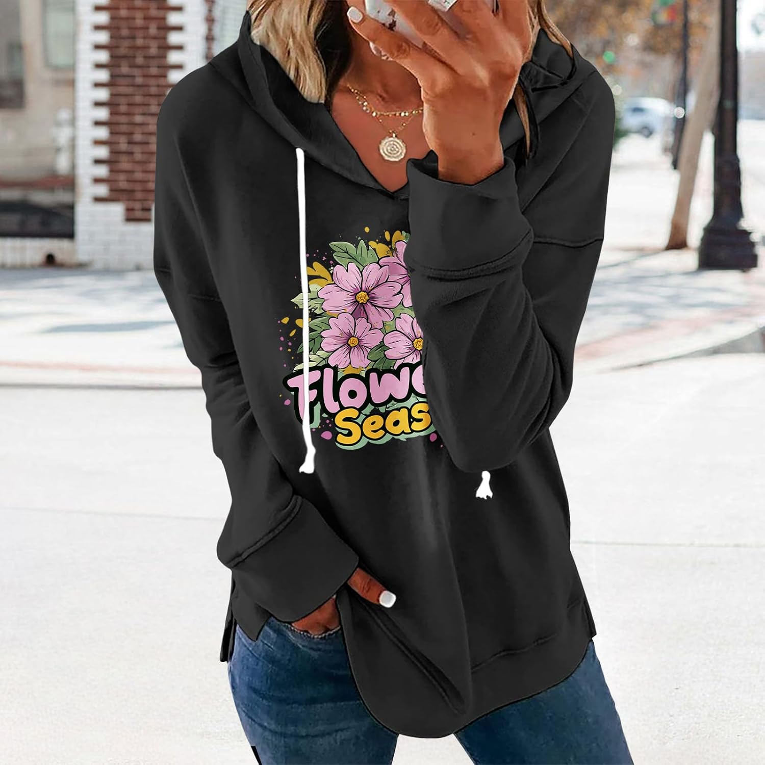 Womens Black Floral Print Hoodie Long Sleeve Cotton Blend Pullover Sweatshirt Loose Fit Casual Top For Everyday Wear - Image 2