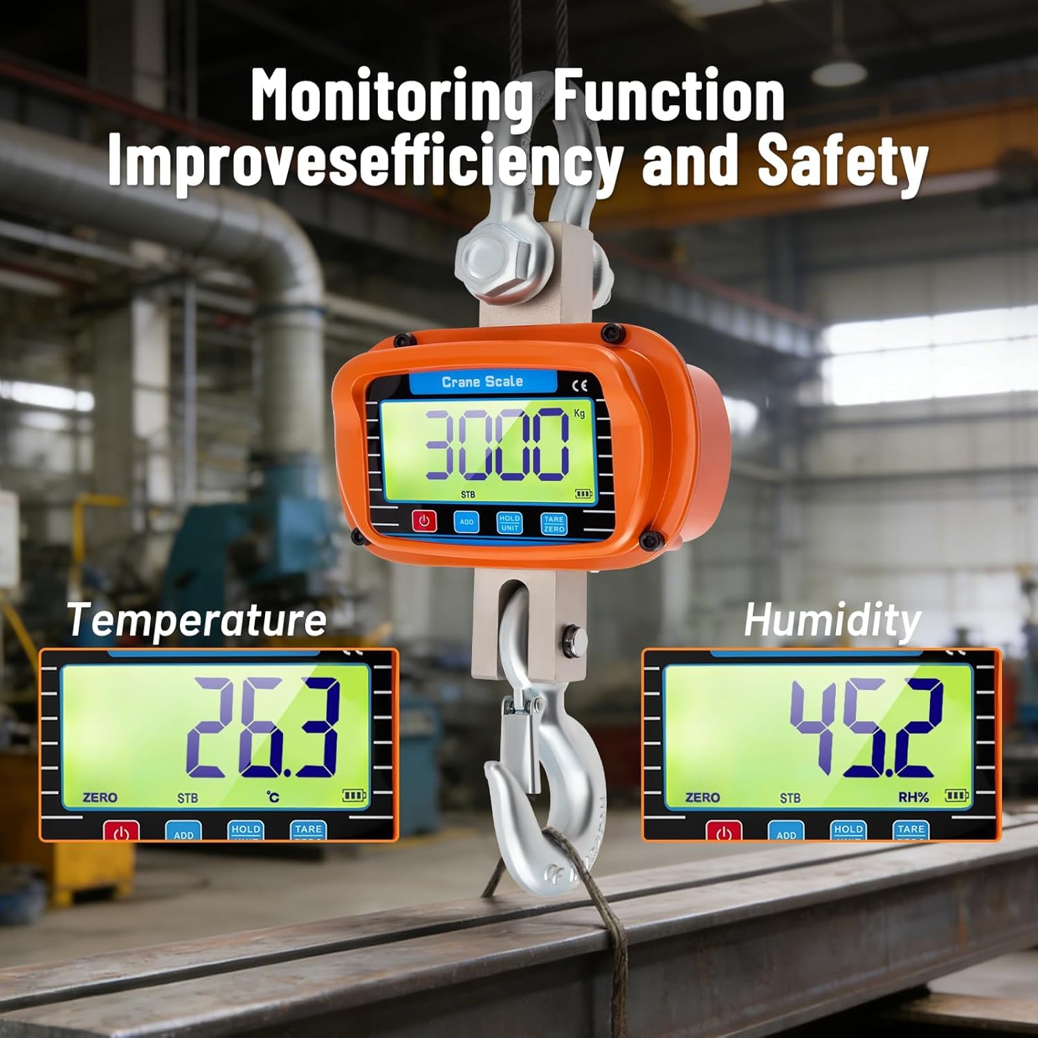 Báscula de grúa de 3000kg, Báscula de Grúa Electrónica 3T,Colgante Industrial con sensor preciso, pantalla LCD grande y control remoto, Visualización de temperatura y humedad para granjas(Orange)