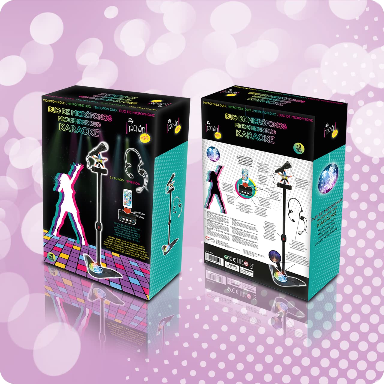 DEQUBE-Micrófono Karaoke de pie con Altura Ajustable-Incluye Bola de Luces Disco y Auricular-Conexión a Distintos Dispositivos Sonido -Tamaño 65-100cm (916D00037) negro