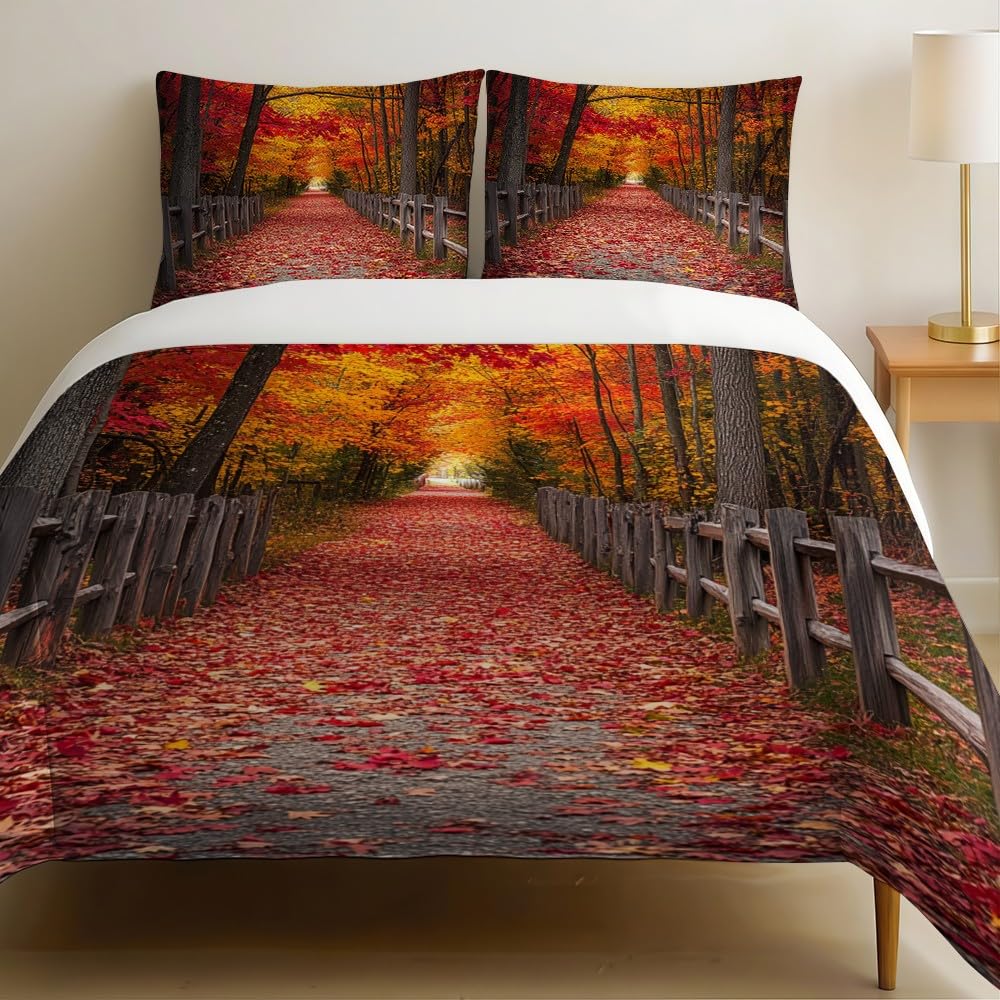 Housse de couette 220x240 paysages d'automne rouge pour lit 2 personnes avec 2 taies