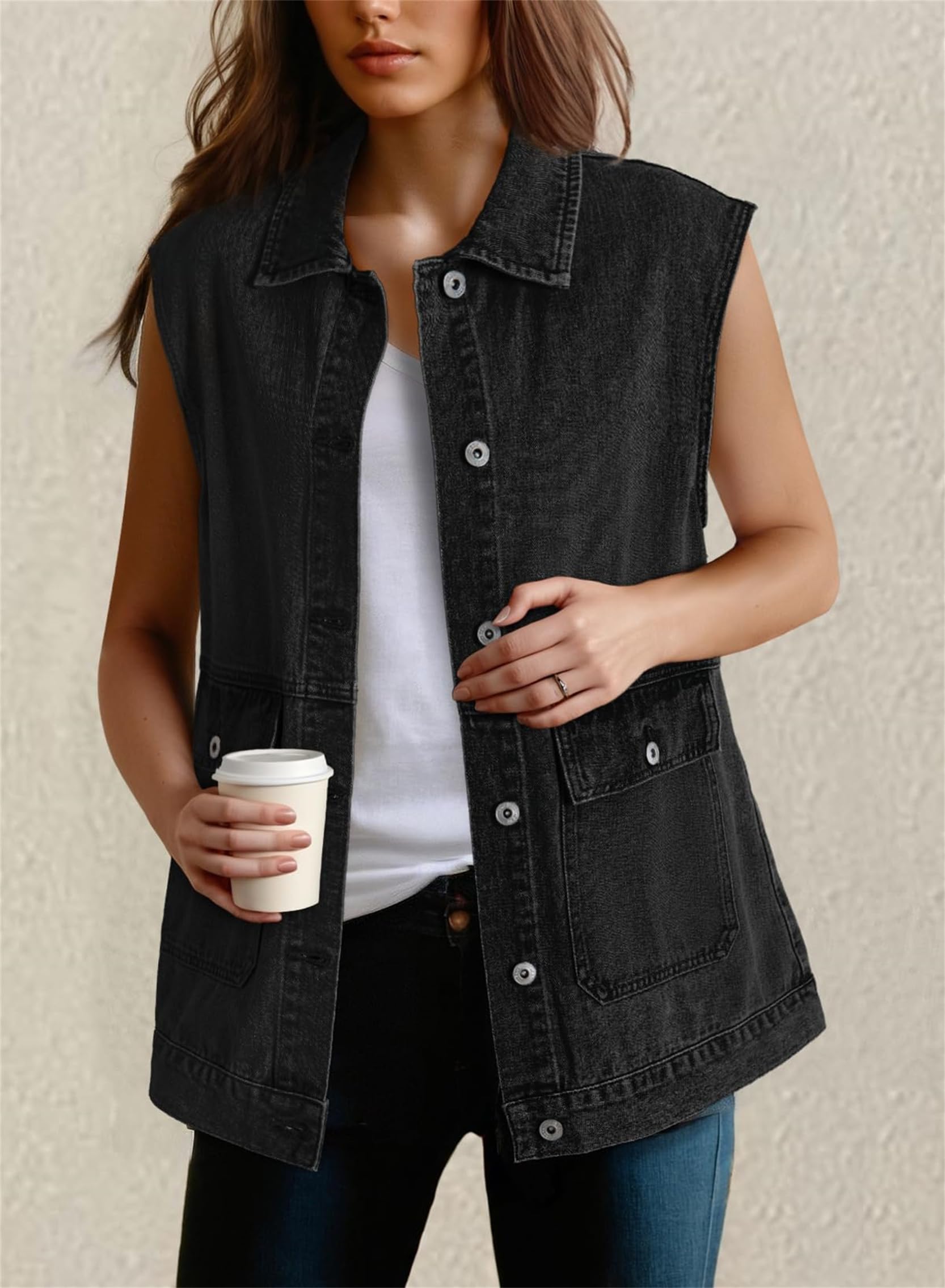 Gilet da donna in denim oversize Mid Long Jean gilet senza maniche button down giacca di jeans shacket con tasche