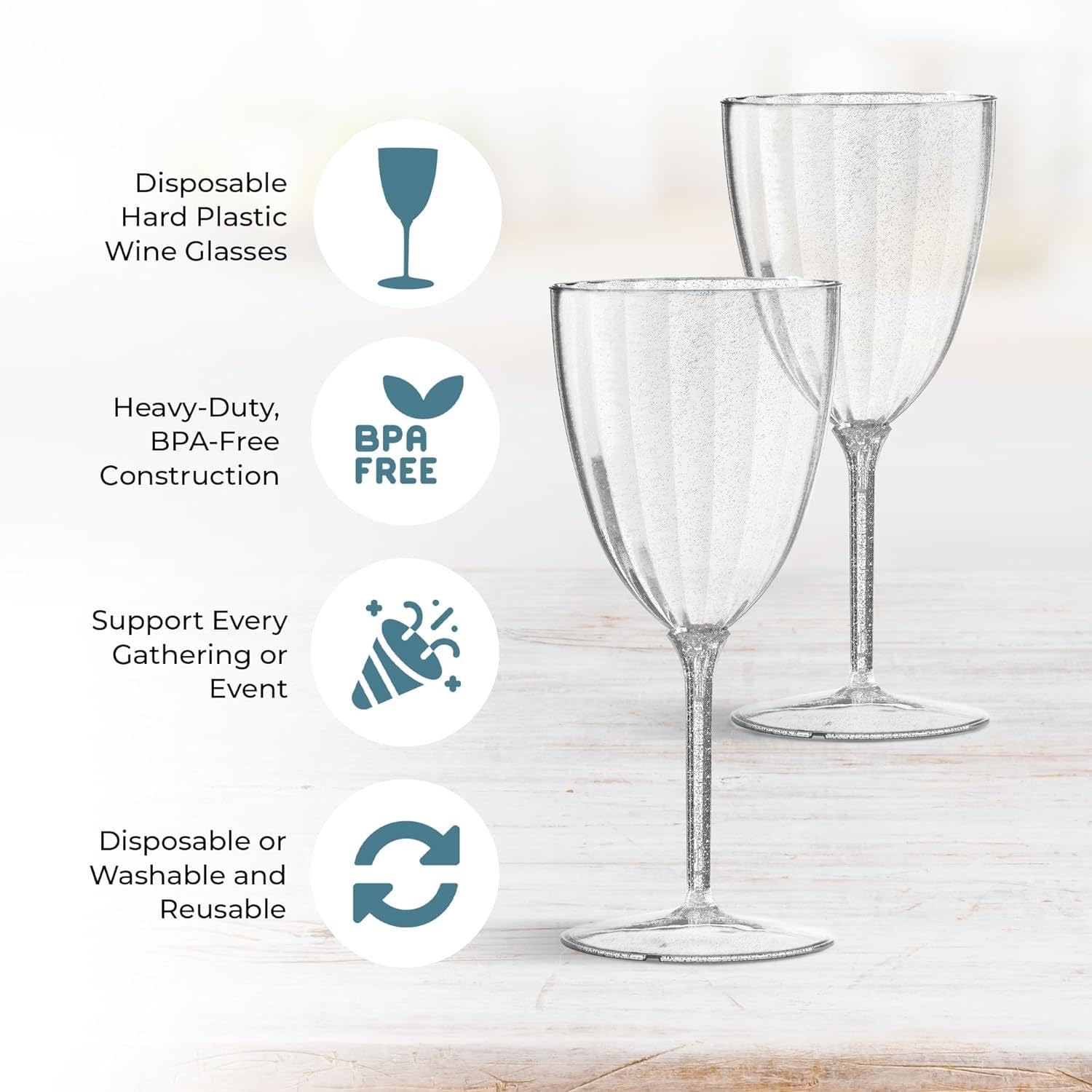 Decor Decorline - 96 Weingläser Kelch mit Stiel aus Premium-Kunststoff mit Silberglitter Wiederverwendbar Cocktailgläser für Hochzeiten & Partys, 200ml - Mehrweg & Stabil