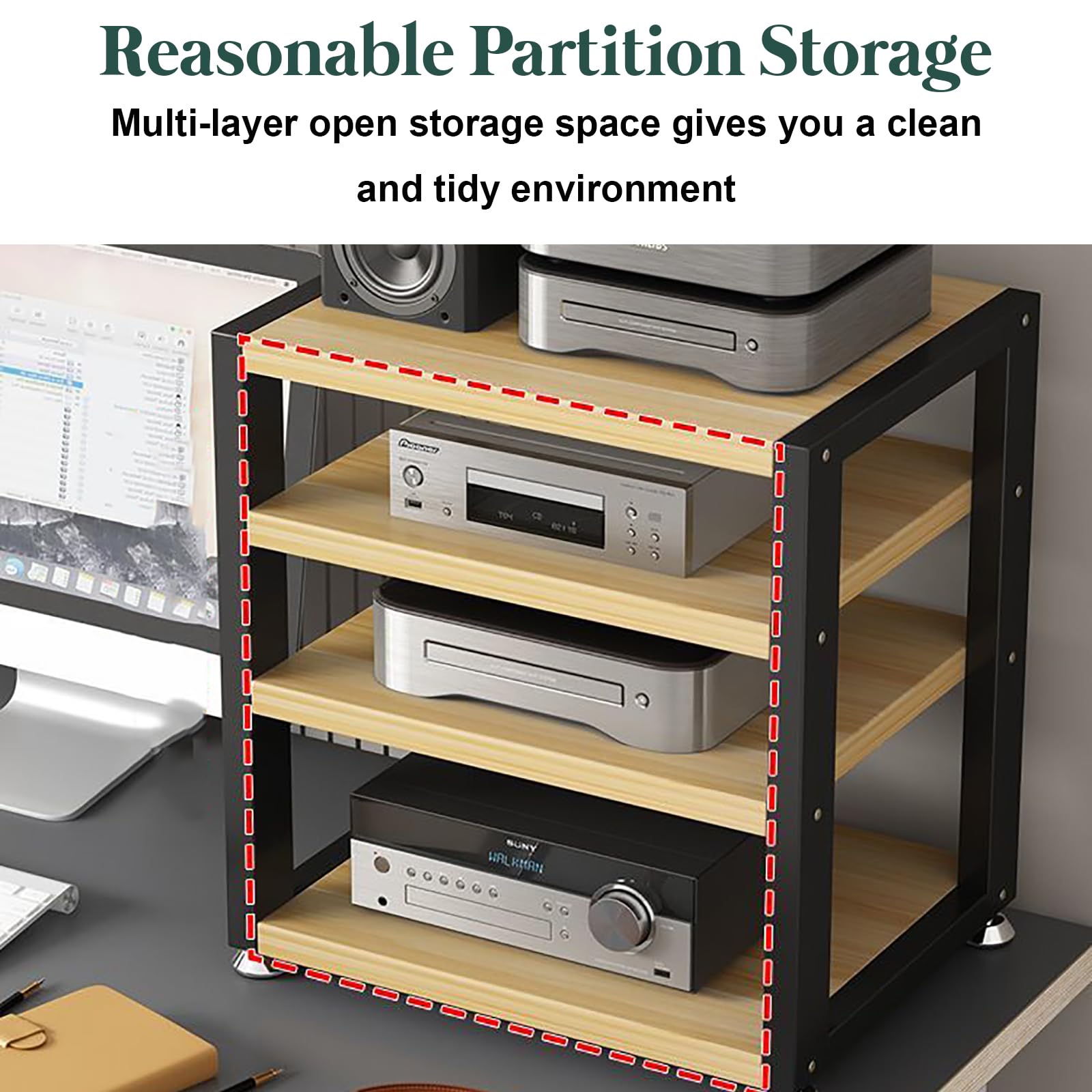 Supporto multimediale AV, mobile da scrivania per video e audio, con ripiano in legno, armadio stereo aperto, armadio componente, mobiletto per componenti ad angolo, mobiletto portatile per scrivania