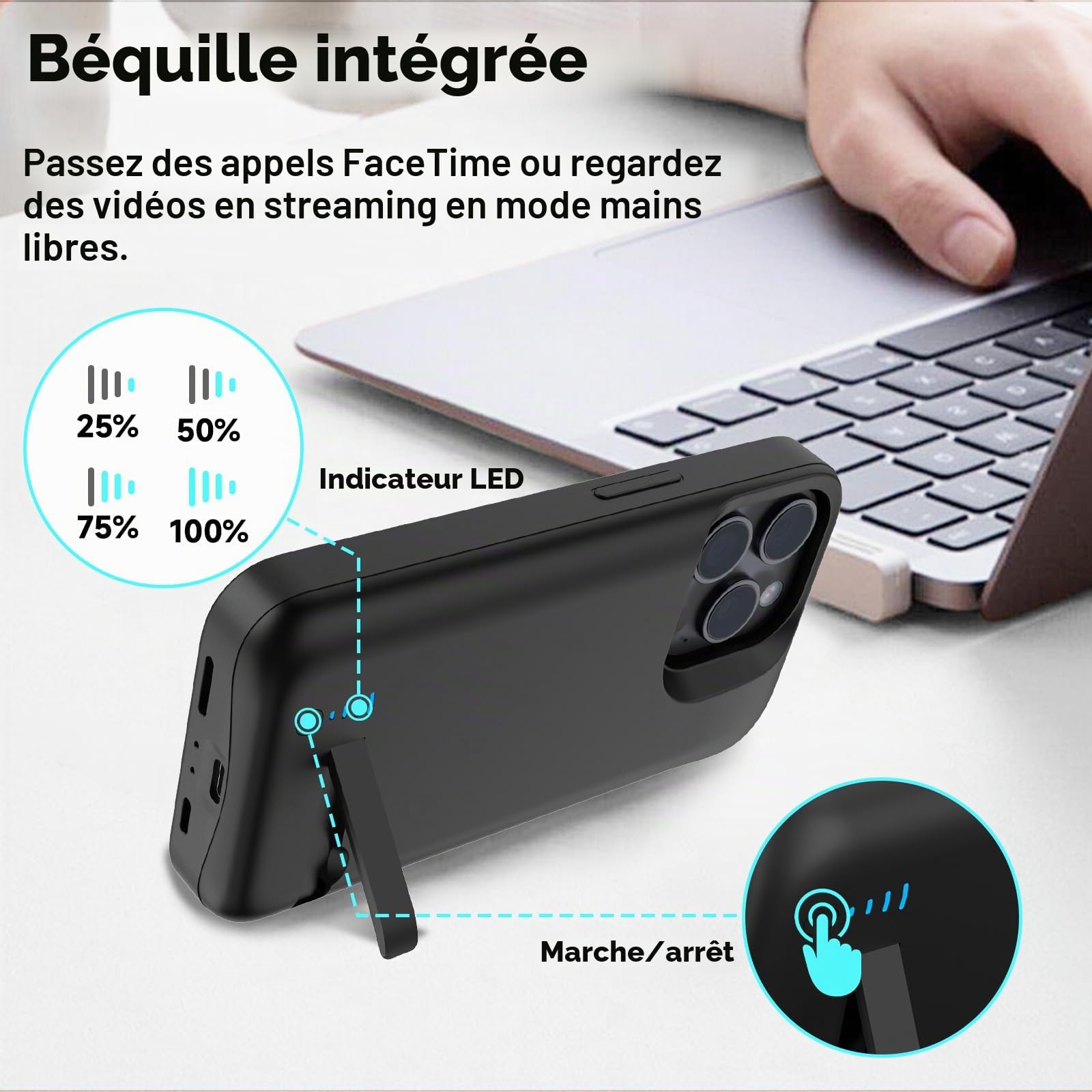 Coque Batterie pour iPhone 15 Pro (6,1"), 8500 mAh, Coque de Charge Étendue, Étuide Protection Portable avec Batterie, Béquille Pliable - Noir