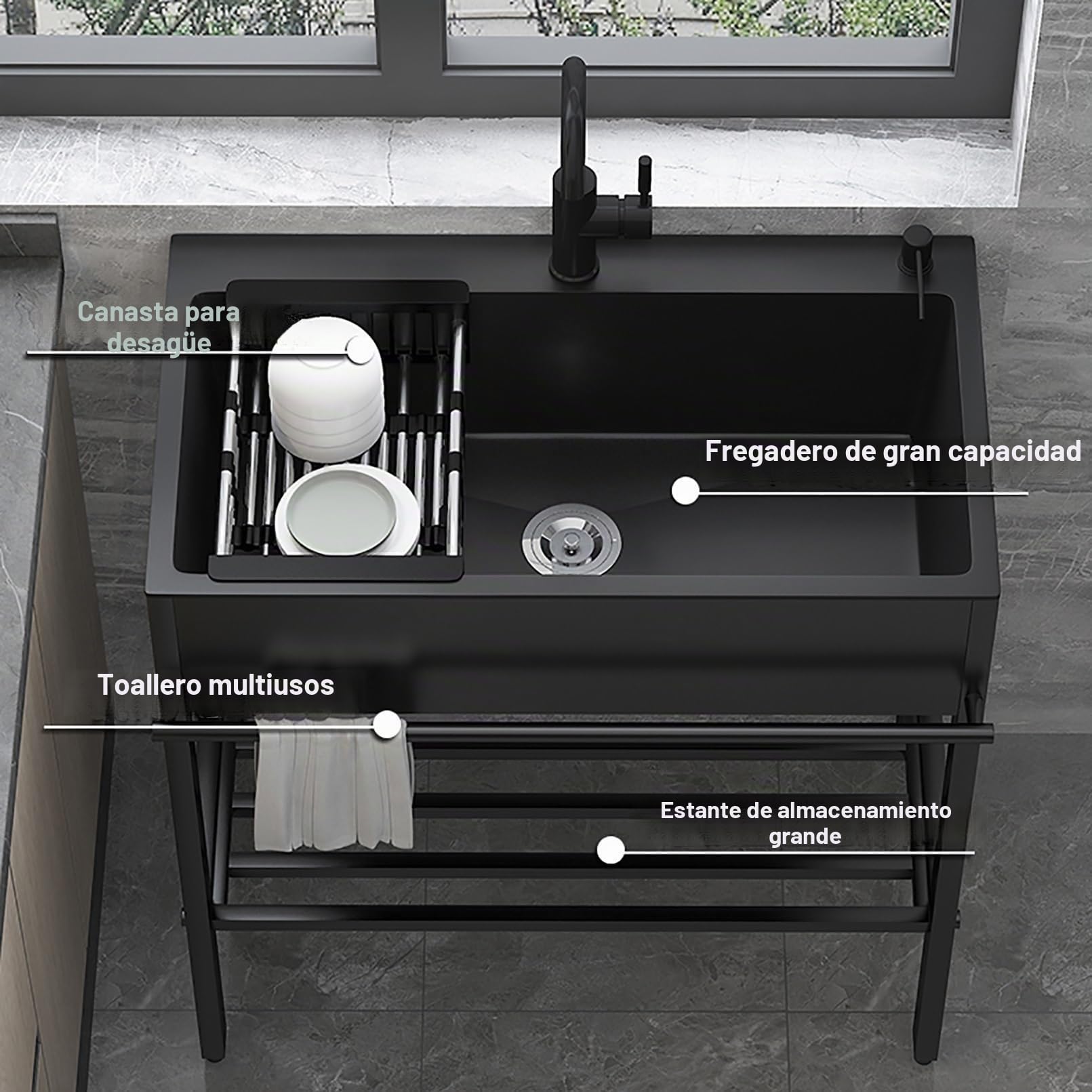 Fregadero de servicio y tina de lavandería con tubería de agua, fregaderos de cocina de acero inoxidable de 1 compartimento, estación de lavado de manos de pie para restaurante, interior y exterior