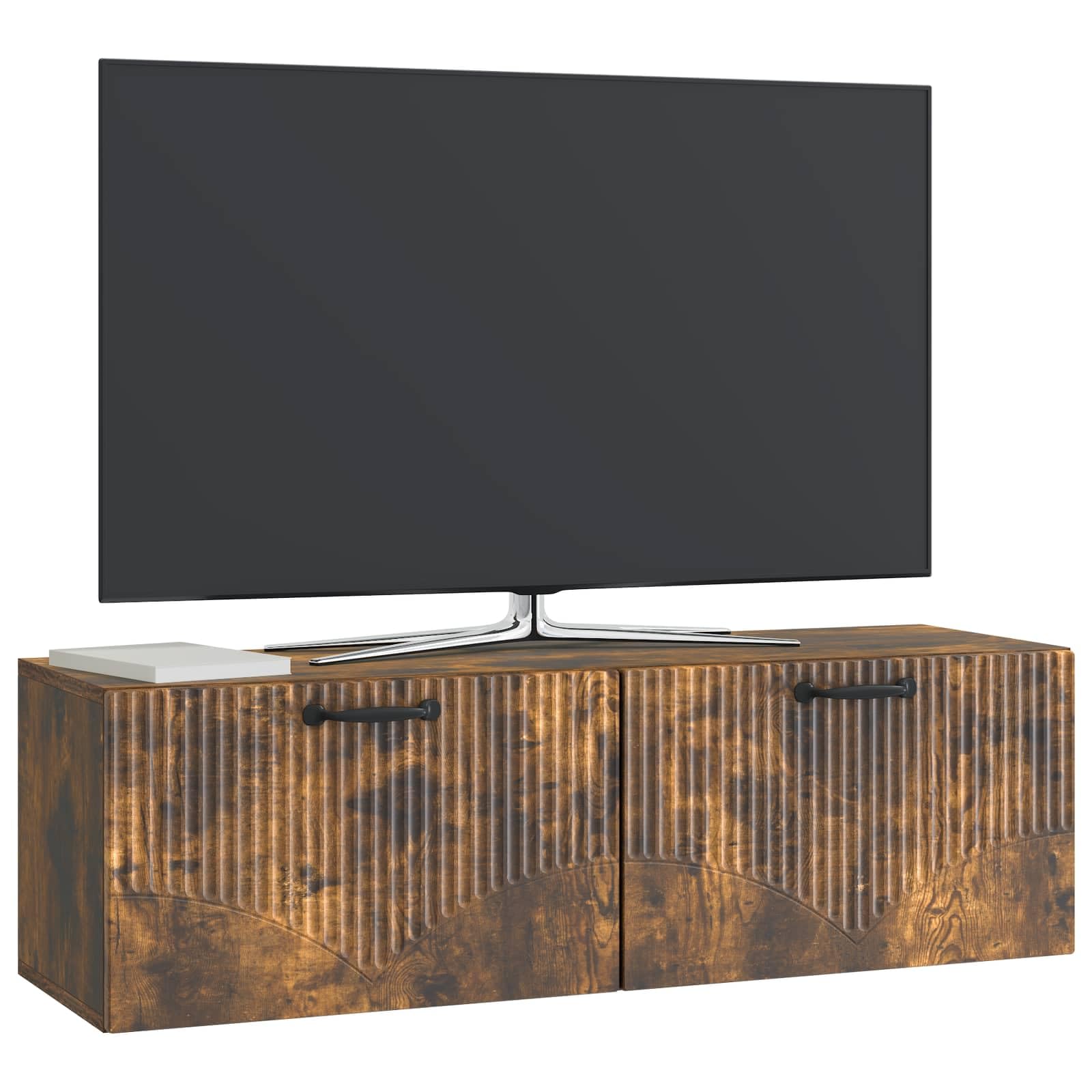 Mobile basso per TV, montaggio a parete, rovere affumicato, 98 x 31 x 30 cm | Mensola sospesa salvaspazio per soggiorno e camera da letto con 2 ante a ribalta e robusto materiale in legno fino a 60 kg.