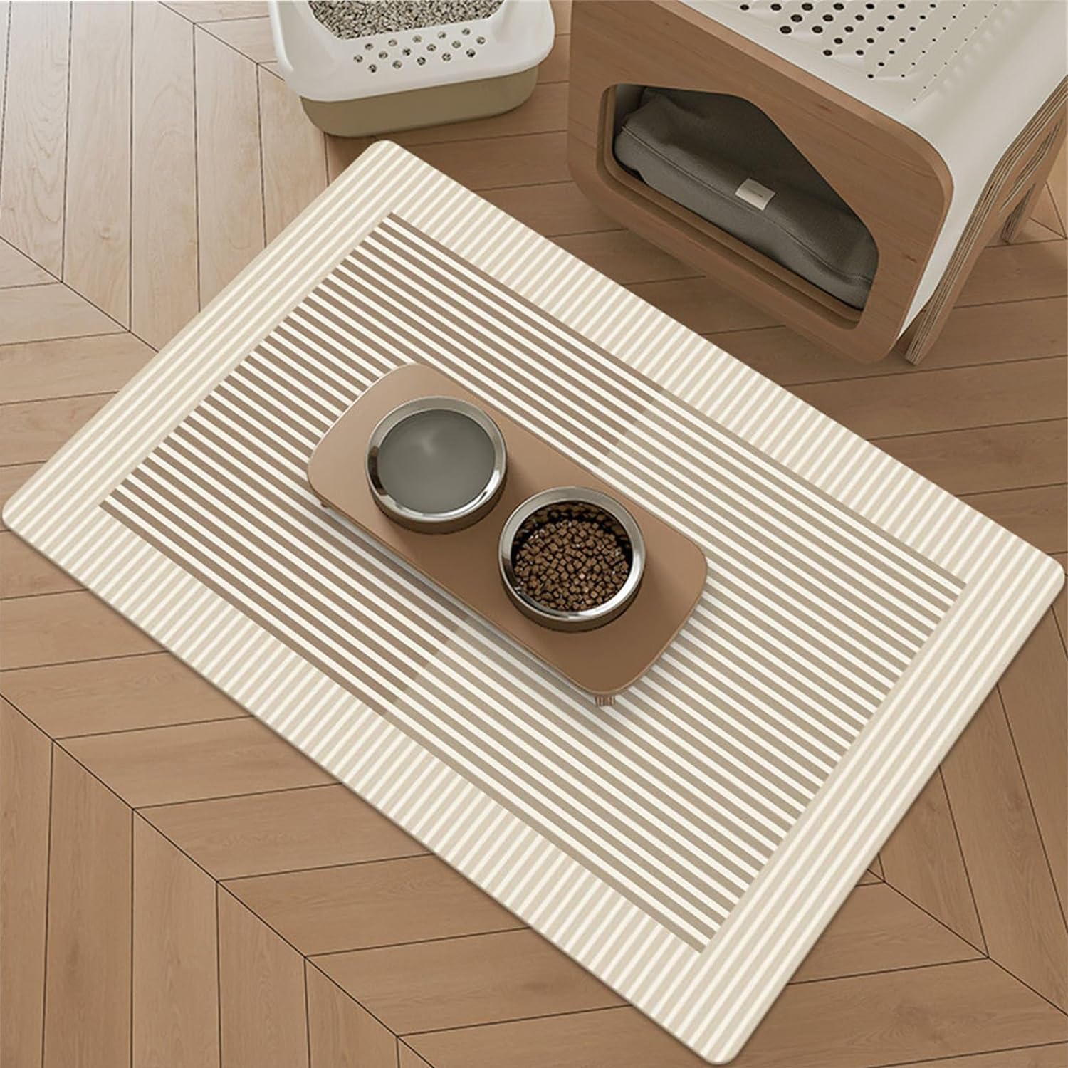 Hearda Dog/Cat Food Mat 50x80cm, Absorbent Pet Food Mat, European Style Non Slip Quick Dry Pet Feeding, No Stains Splash-Proof Diatomite Dog/Cat Bowl Mats Dishwasher Safe- Stripe