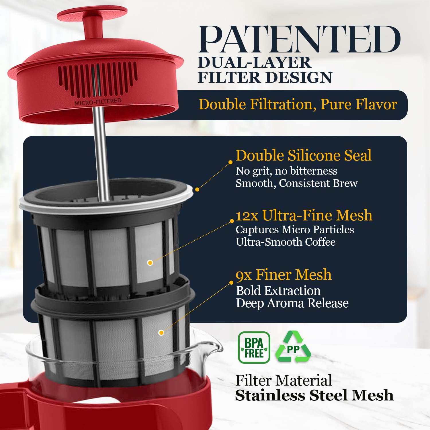 ESPRO P3 Light French Press, Doppel-Mikrofilter, Glas, 930 ml, Rot