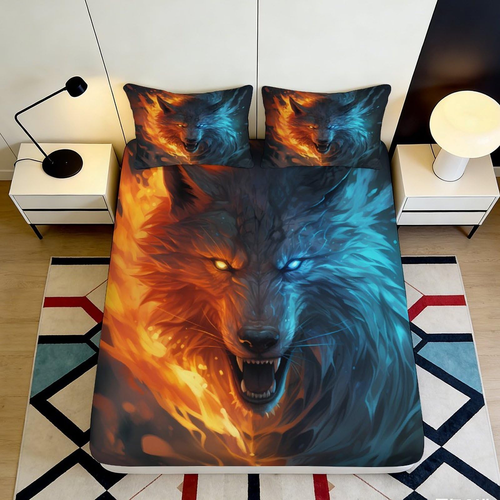 3D Printed Fire Wolf Fitted Sheet Microfiber Soft Blue Flame Bed Cover for Bedroom Guestroom Dorm Mattress Decor 90x200x25cm