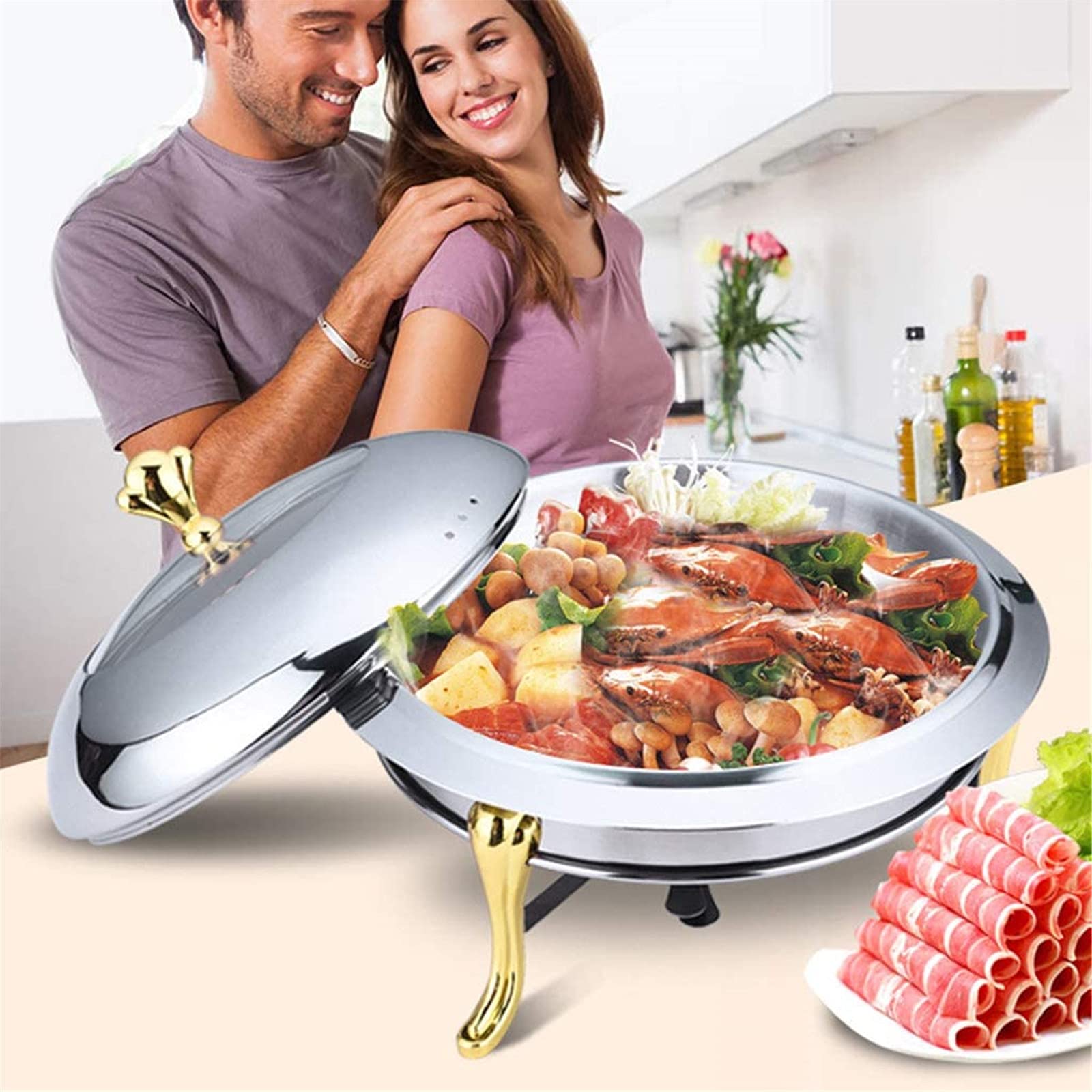 Calentador de Alimentos Redondo para Catering, Bandeja para Buffet, Estufa de Vino, baño maría para Cocina, Fiestas, cenas, Bodas, Eventos, Blanco, Dorado, Acero Inoxidable, cerámica - 24