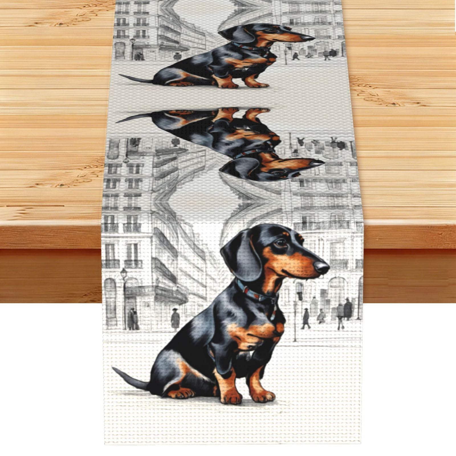 Parisian Dachshund Printed Dining Table Runner 13x72 Inch, Non-Fading Decor for Kitchen Dresser Fireplace Mantel