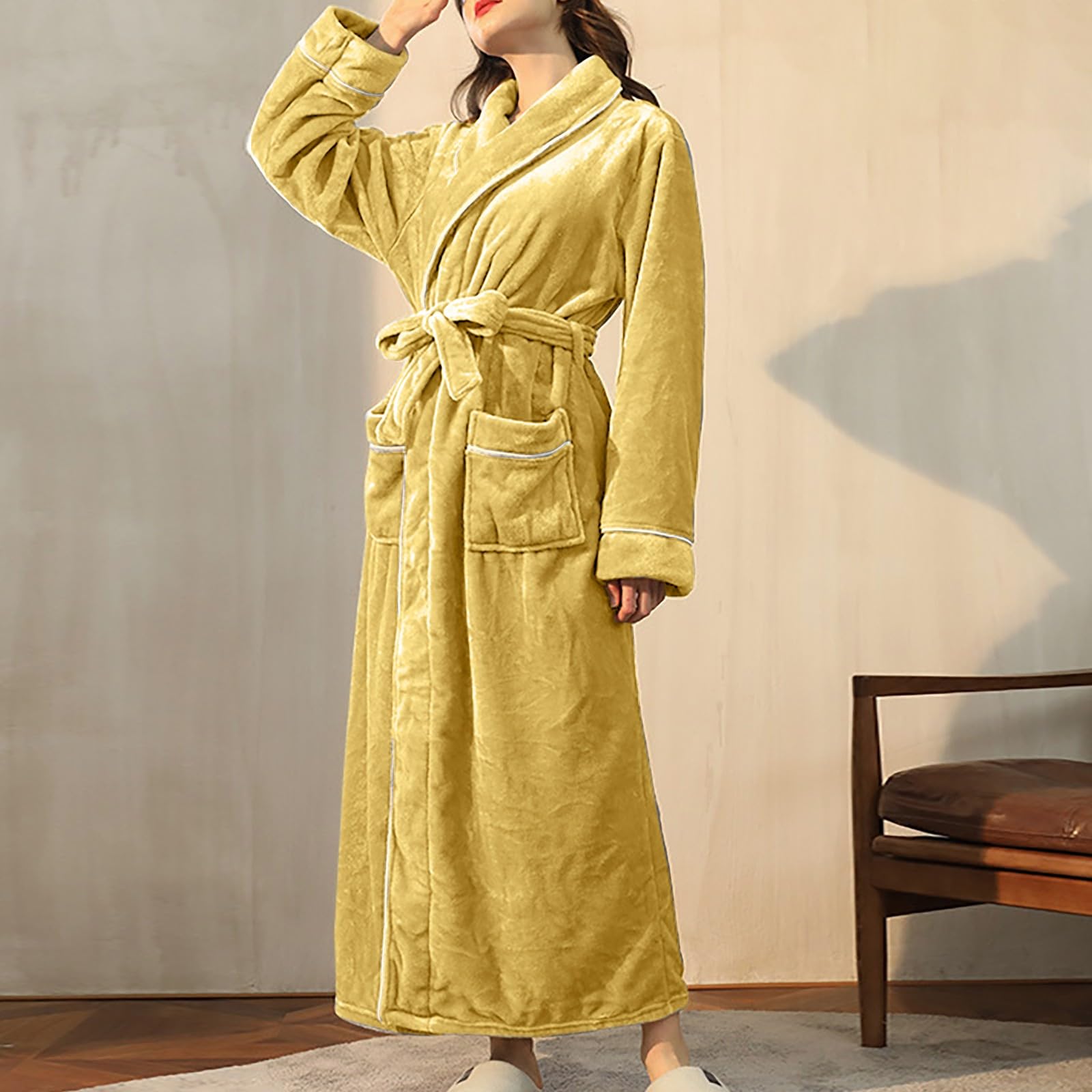 Albornoz de rizo para mujer, sin capucha, bata de algodón para sauna, albornoz largo y acogedor, forro polar, suave, ropa de dormir mullida, para todas las estaciones
