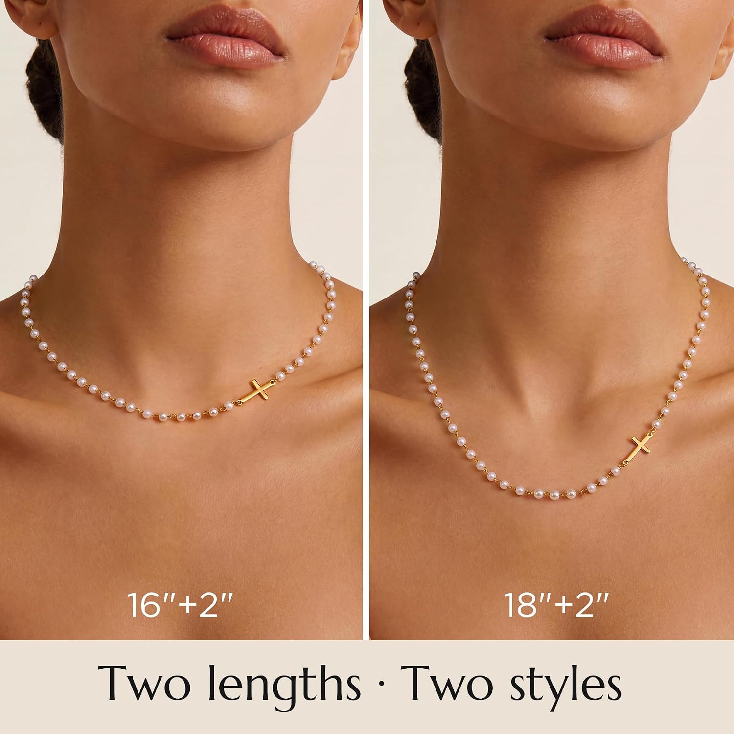 NORBU Cross Necklace for Women, 925 Sterling Silver 18K Gold Plated Womens Cross Necklace Pearl Chain Sideways Cross Pendant Dainty Christian Jewelry Adjustable 16”/18”+2” Catholic Religious Gift for Her