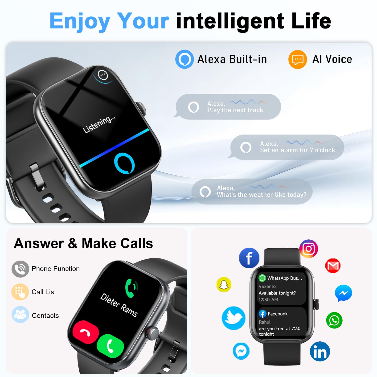 Smartwatch Damen Herren (Anrufe/Alexa), 1.91" HD Fitnessuhr mit Pulsuhr Schlafmonitor Sauerstoff Schrittzähler Uhr, Sportuhr IP68 Wasserdicht Fitness Tracker, 100 Sportmodi Smart Watch für iOS Android
