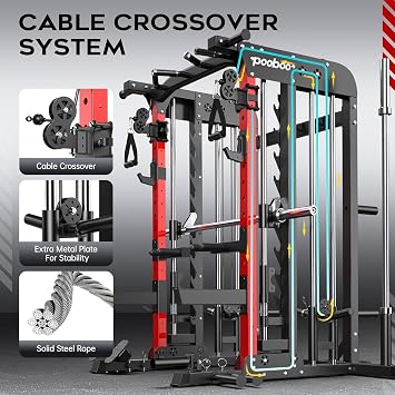 pooboo Multi-Functional Machine Power Cage, 2000LB Squat Rack, LAT-Pull Down System, Dual Pulley Cable Crossover System, Home Gym Workout Machine with Strength Training Attachments