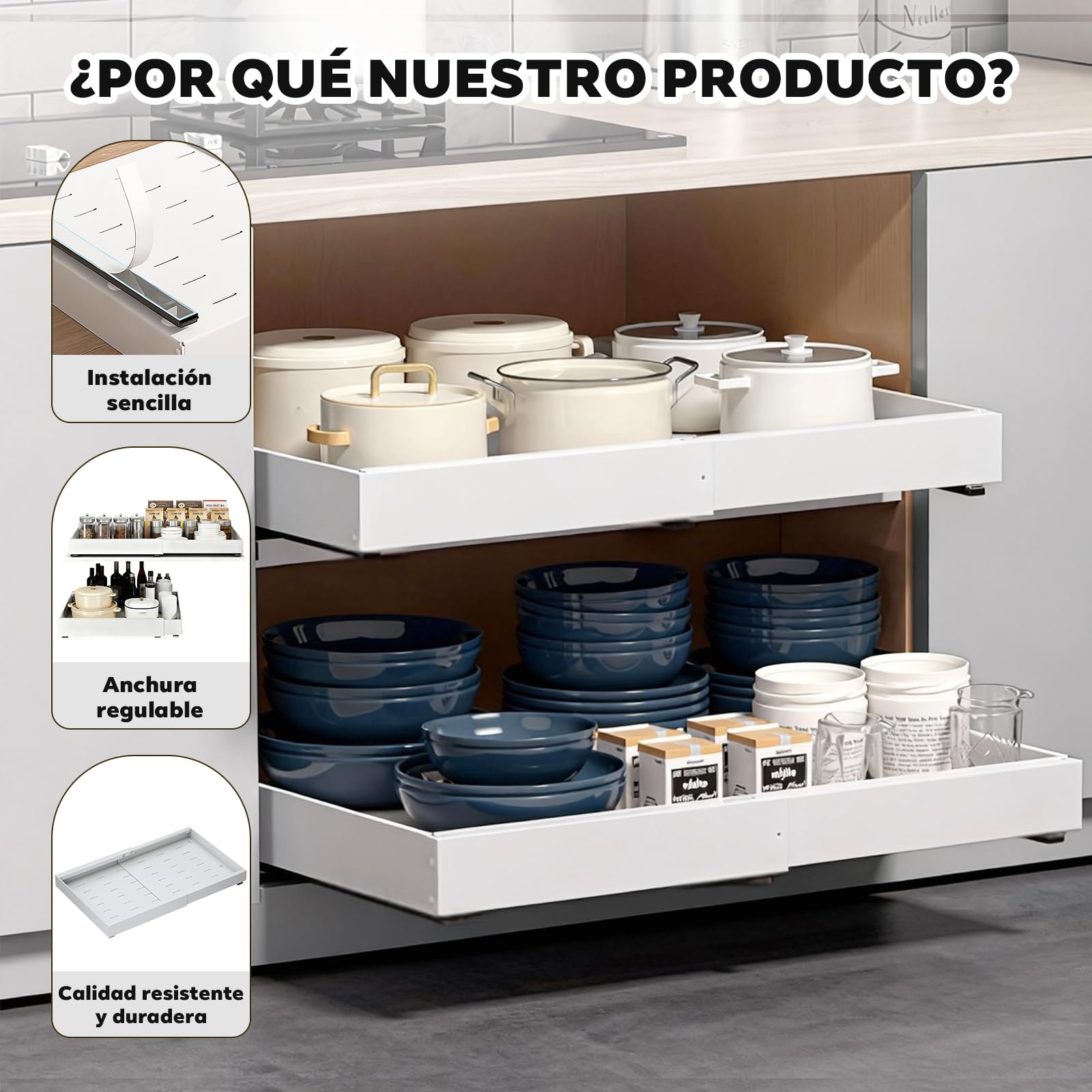 Paquete de 2 Organizador de Armario Extraíble Blanco – Ancho Ajustable 32-53 cm, Profundidad 42 cm – Cajón con Adhesivo para Cocina, Sin Taladrar