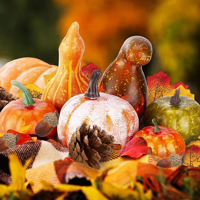 Olycism Autumn Decoration set 80 PCS Mini Artificial Pumpkins Fake Leaves Acorns Gourds for Fall, Halloween and Thanksgiving Home Party Decoration