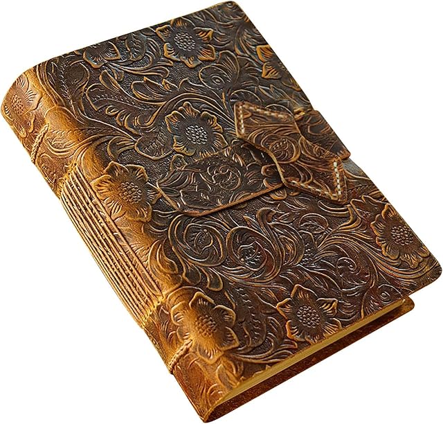 Scrodcat Leather Journal A5 Writing Notebook - Antique Handmade Leather Bound Daily Notepad - Blank Paper Medium 20x15cm, Travel Men/Women/Travelers/Students A5 (Brown, Flower) 