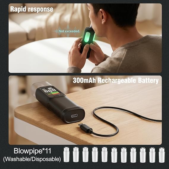 Breathalyzer, USB-C Rechargeable Alcohol Tester with LED Display, Professional Digital Breathalyzer for House Party Self-Testing, 11 Mouthpieces