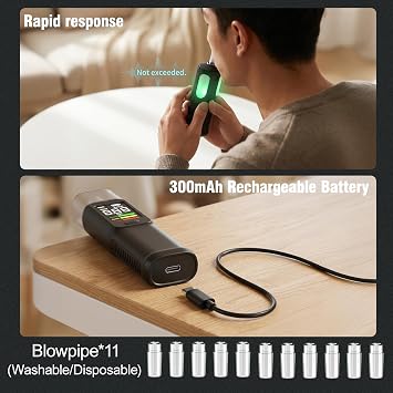 Breathalyzer, USB-C Rechargeable Alcohol Tester with LED Display, Professional Digital Breathalyzer for House Party Self-Testing, 11 Mouthpieces