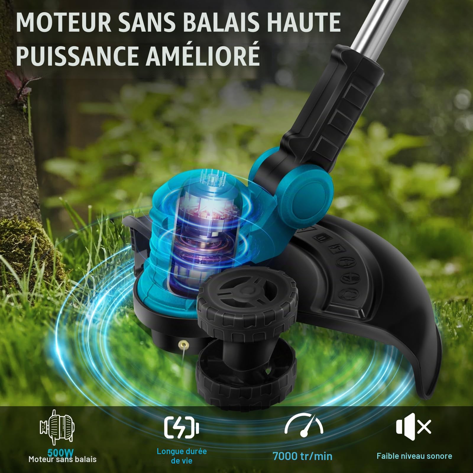 Tondeuse Électrique sans Fil avec 8 Têtes Interchangeables + 2 Batteries 2600 mAh, Réglage 5 Vitesses, Débroussailleuse, Désherbeur, Coupe-Bordure et Tonte pour Jardin
