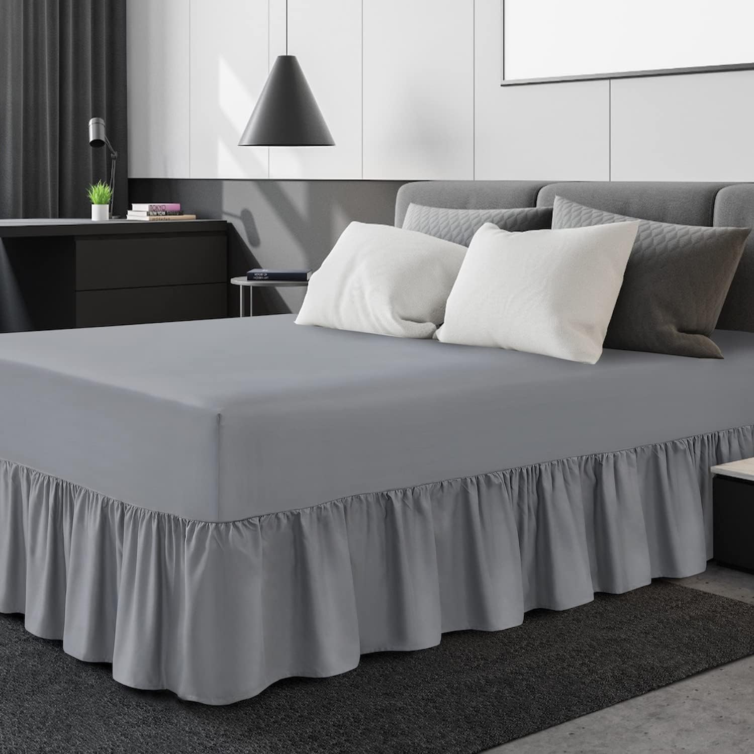 Linen Home Extra Deep Frilled Fitted Valance Sheet King Bed Skirt Fitted Valance Sheets, Microfibre Soft Brushed, Easy Care Non Iron (King, Grey)