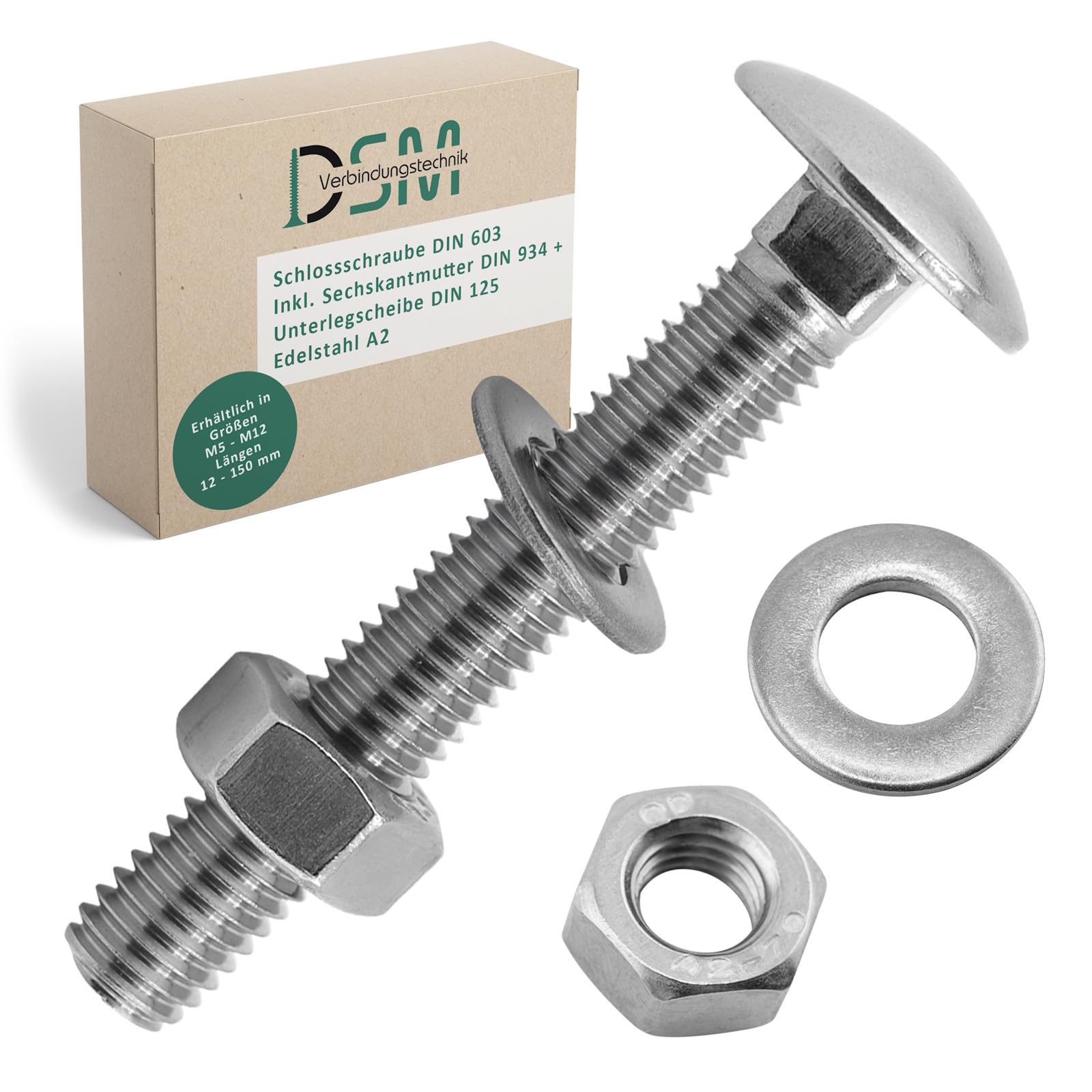 DSM – Viti a testa esagonale M8 x 30 mm secondo DIN 603 – incl. M8 dado esagonale DIN 934 & rondella DIN 125 – in acciaio inox A2/V2A – Viti a testa piatta con attacco quadrato – 50 pezzi