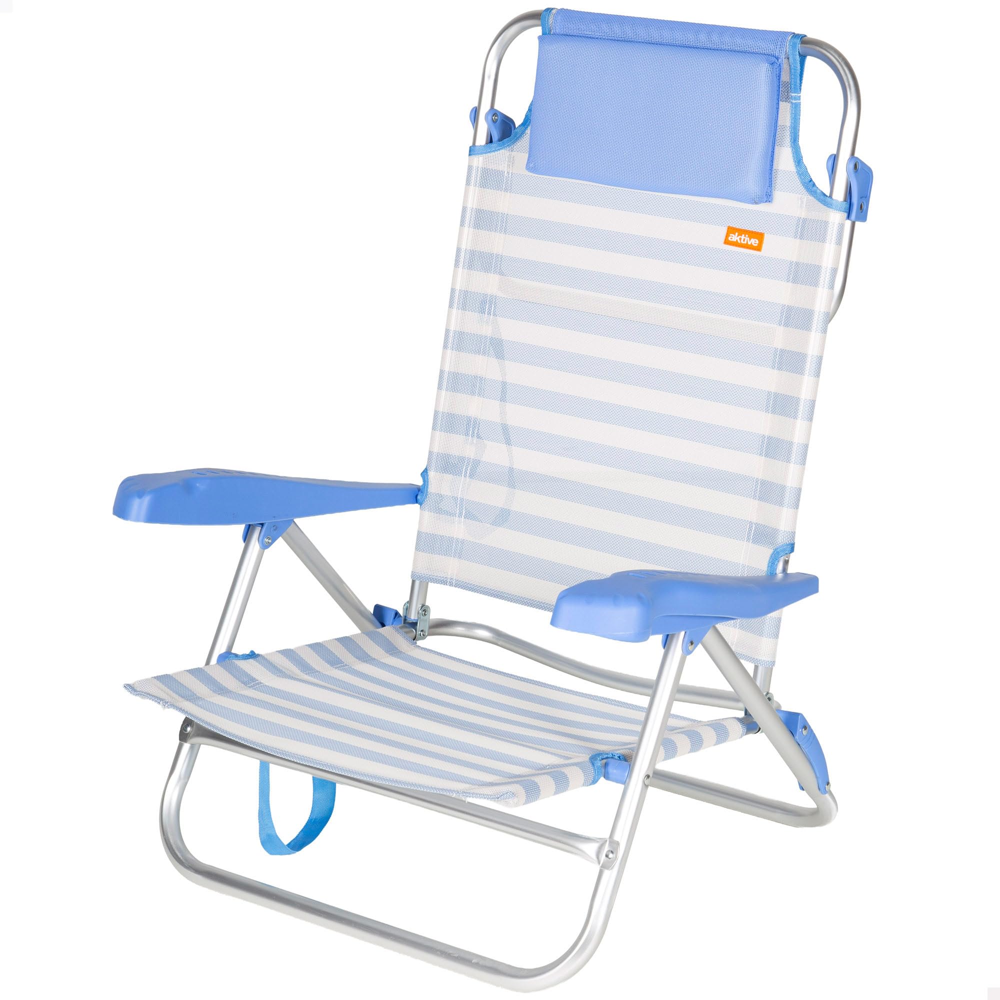 AKTIVE Silla de Playa Plegable, 8 Posiciones, Color Azul Rayas, Mide 48x50x80 cm, Soporta 110 kg, Asas de Transporte, Sillas Respaldo reclinable (62549)