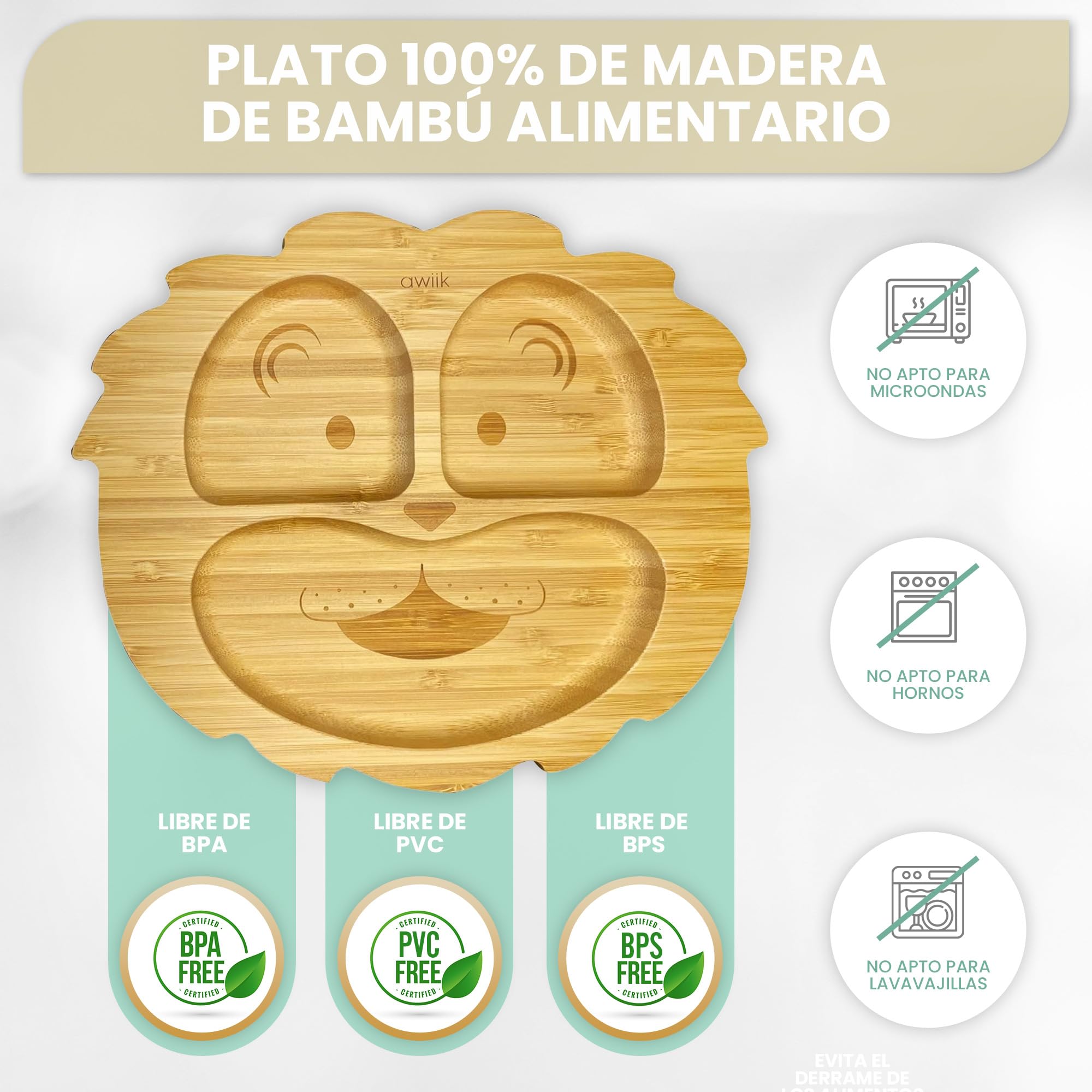Plato de Bamboo con fuerte ventosa para bebés y niños pequeños. Plato BLW de bambú antideslizante con succión. Vajilla infantil antivuelco para aprender a comer BLW. (Lion)