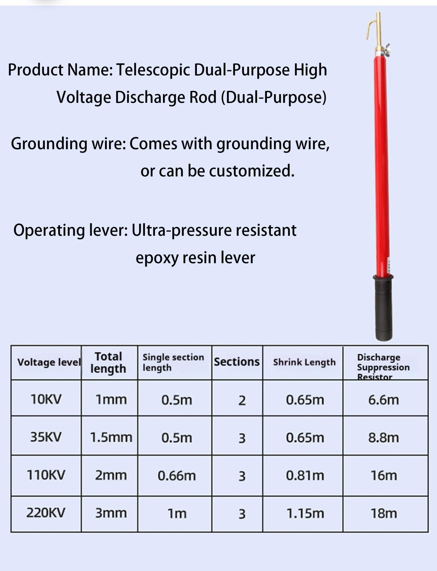 Barra de descarga HV, barra telescópica aislada de 10 KV-220 KV para línea aérea y descarga de energía, poste de seguridad extensible