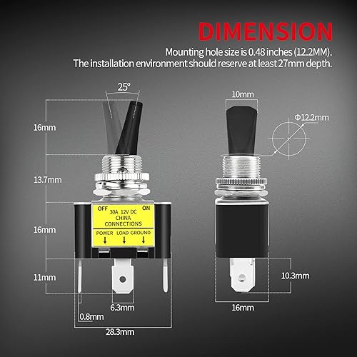 Miniatura 4 de DaierTek Interruptor de palanca de CC resistente de 30 amperios, interruptor de palanca iluminado de 12 V 30 A con LED rojo de 12 voltios para
