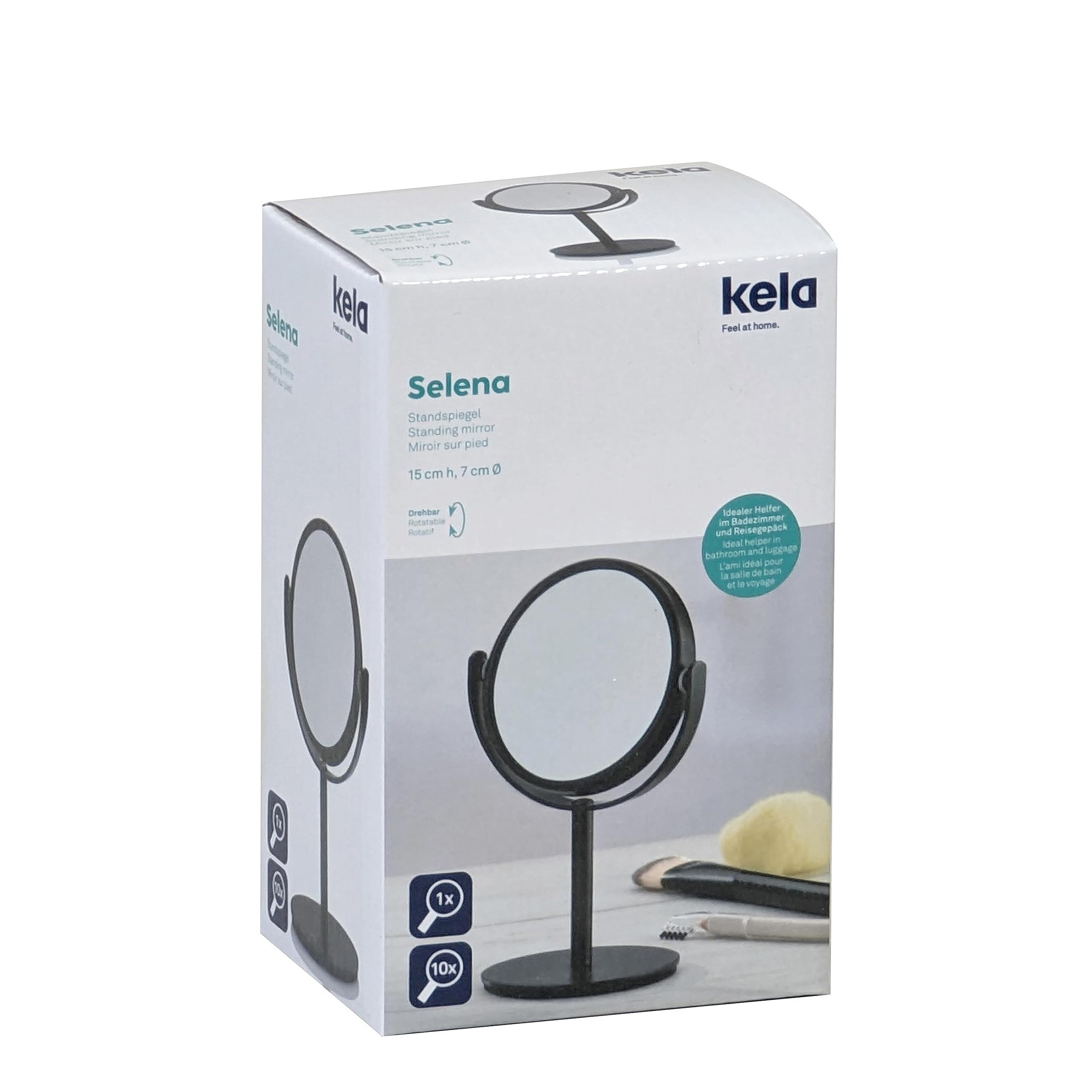 kela Specchio cosmetico nero con ingrandimento SELENA 7,5 cm, 1/10x, piccolo specchio da tavolo, metallo, specchio cosmetico, specchio da barba rotondo