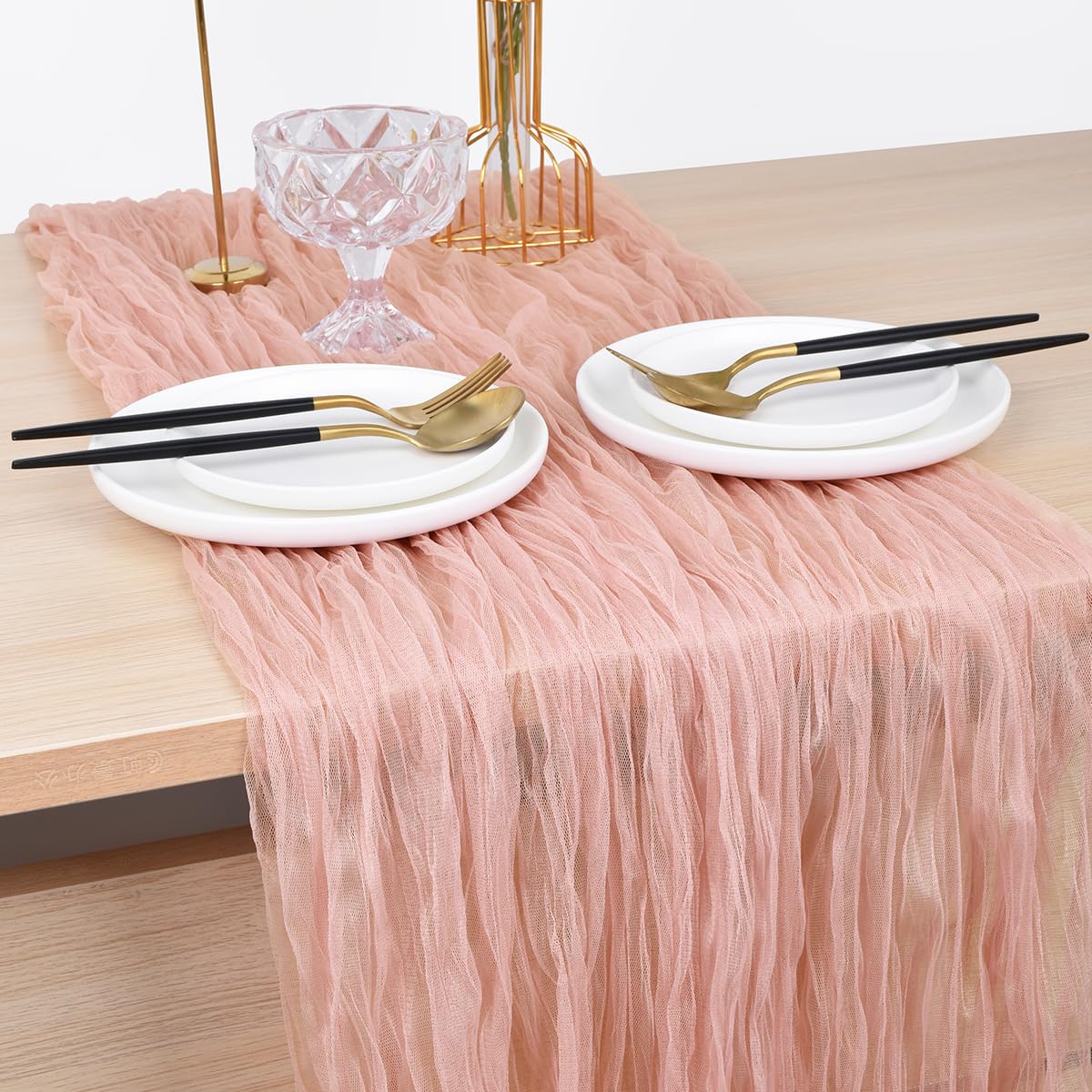 Joanlody Coral Pink Cheesecloth Table Runner Fall Thanksgiving 10Ft Rustic Gauze Boho Cheese Cloth Table Runner for Wedding Bridal Baby Shower Decoration