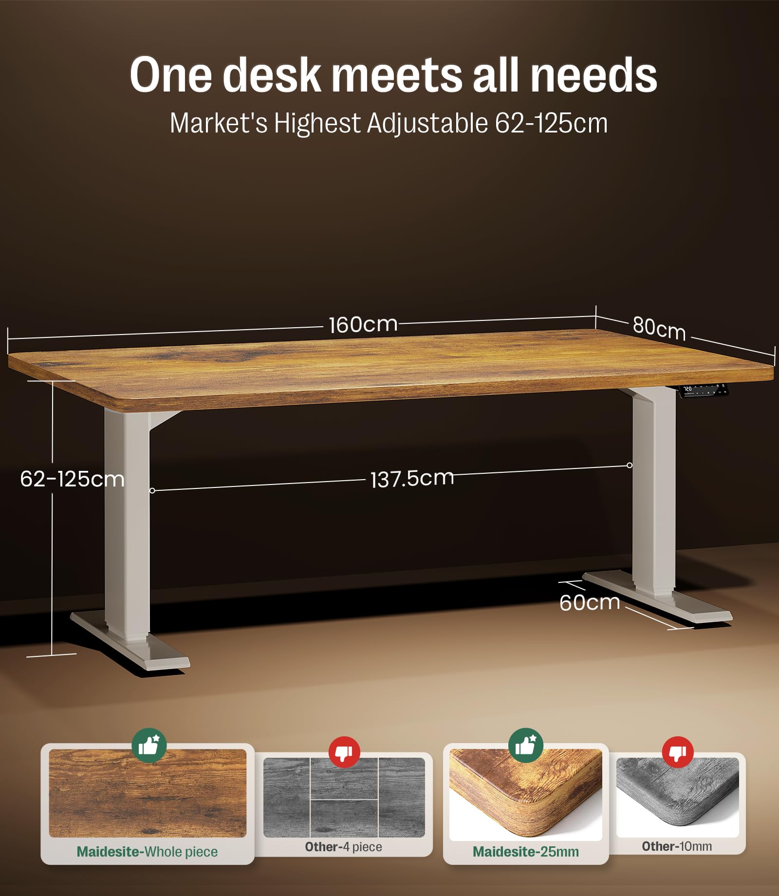 MAIDeSITe - Scrivania regolabile in altezza 160x80cm - Scrivania elettrica regolabile in altezza a 3 livelli con 2 motori energeticamente efficienti - Posti di lavoro stabili e silenziosi, capacità di