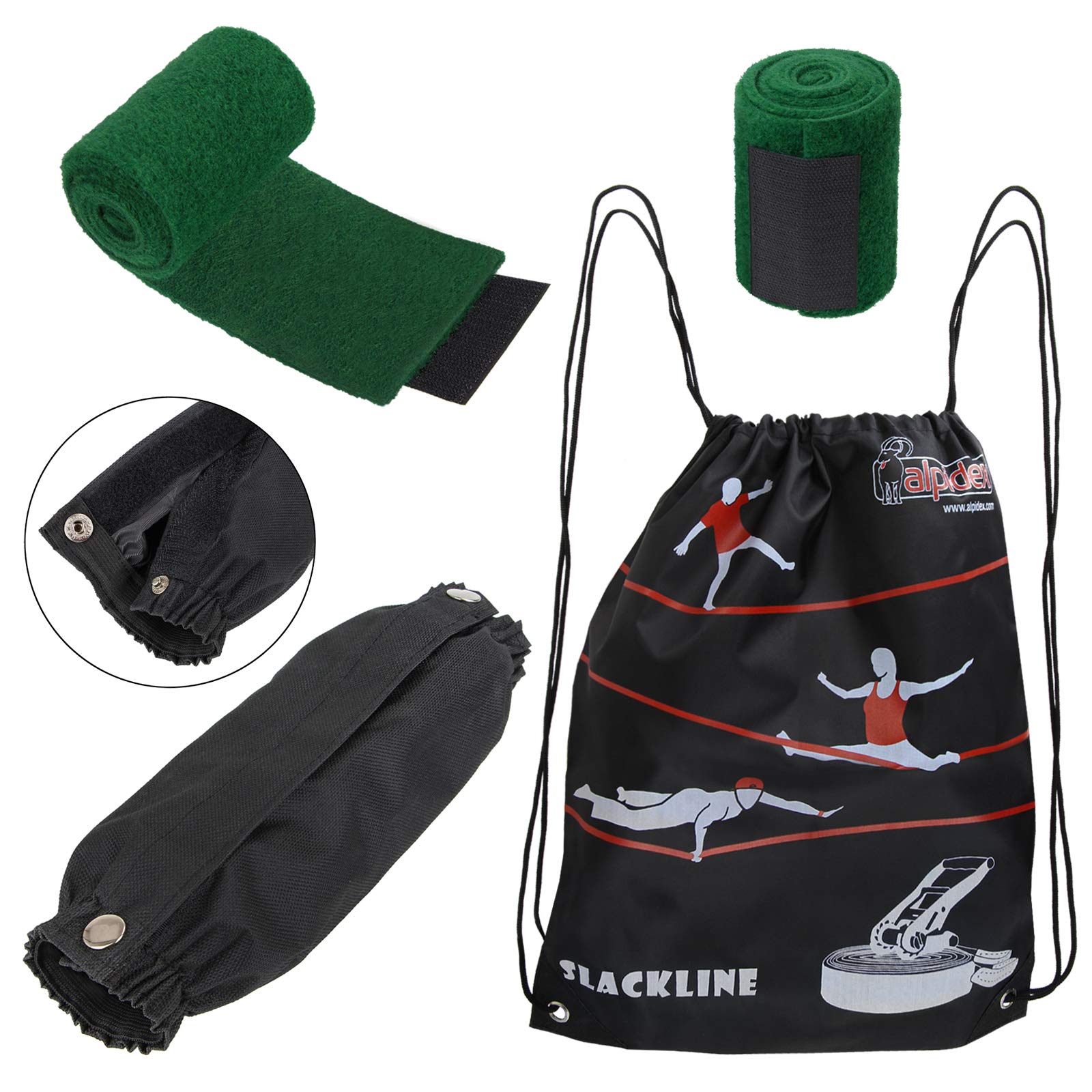ALPIDEX Slackline Set 15 m + Protections pour Arbre et Protection cliquet, Convient aux Enfants, débutants et avancés