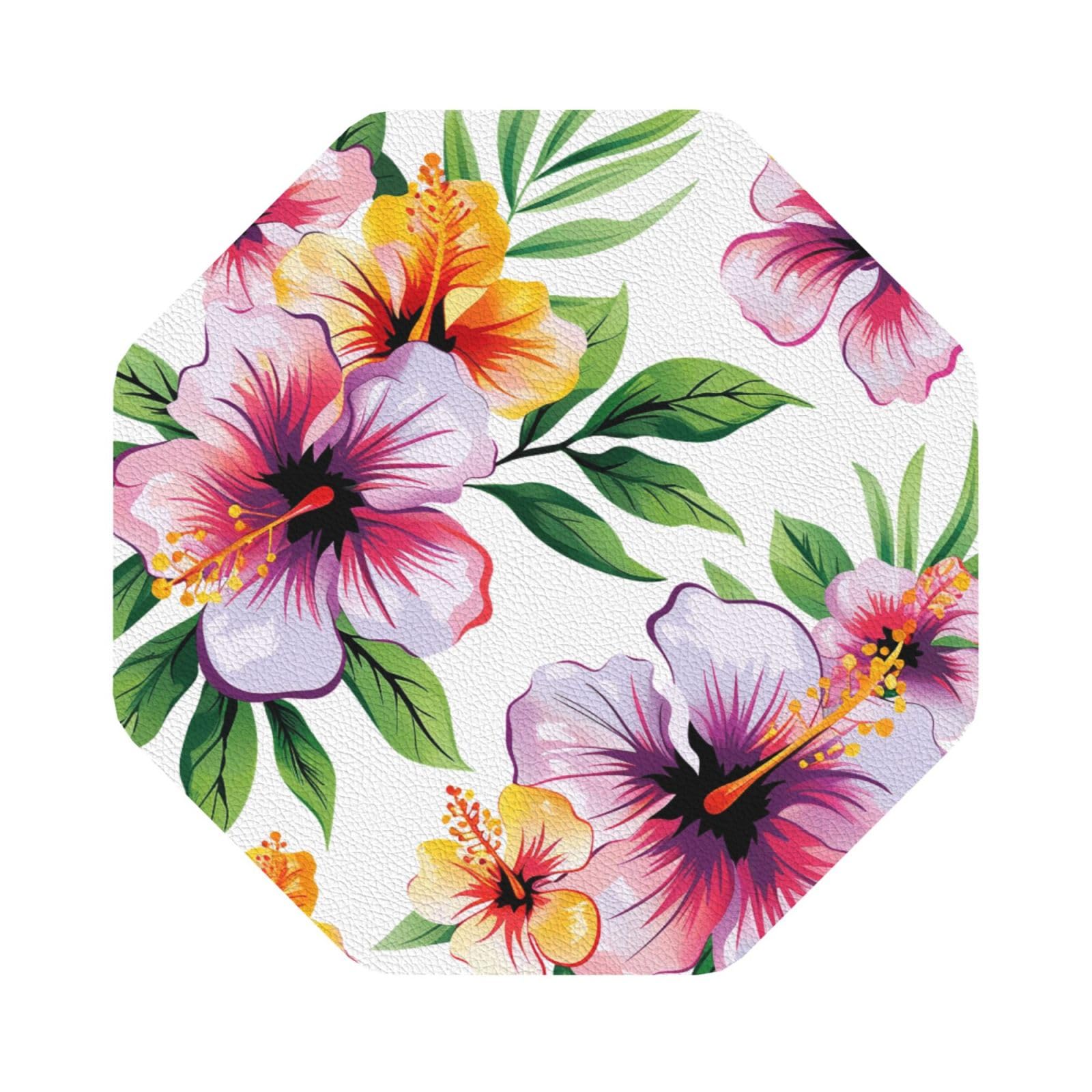 Hawaiian flower print 1 Print Leather Coaster Set of 6, Octagon Coasters Table Decorative Coffee Cup Beverage Coasters Wine Beer Bar Coasters for Hot Drinks Table Protection