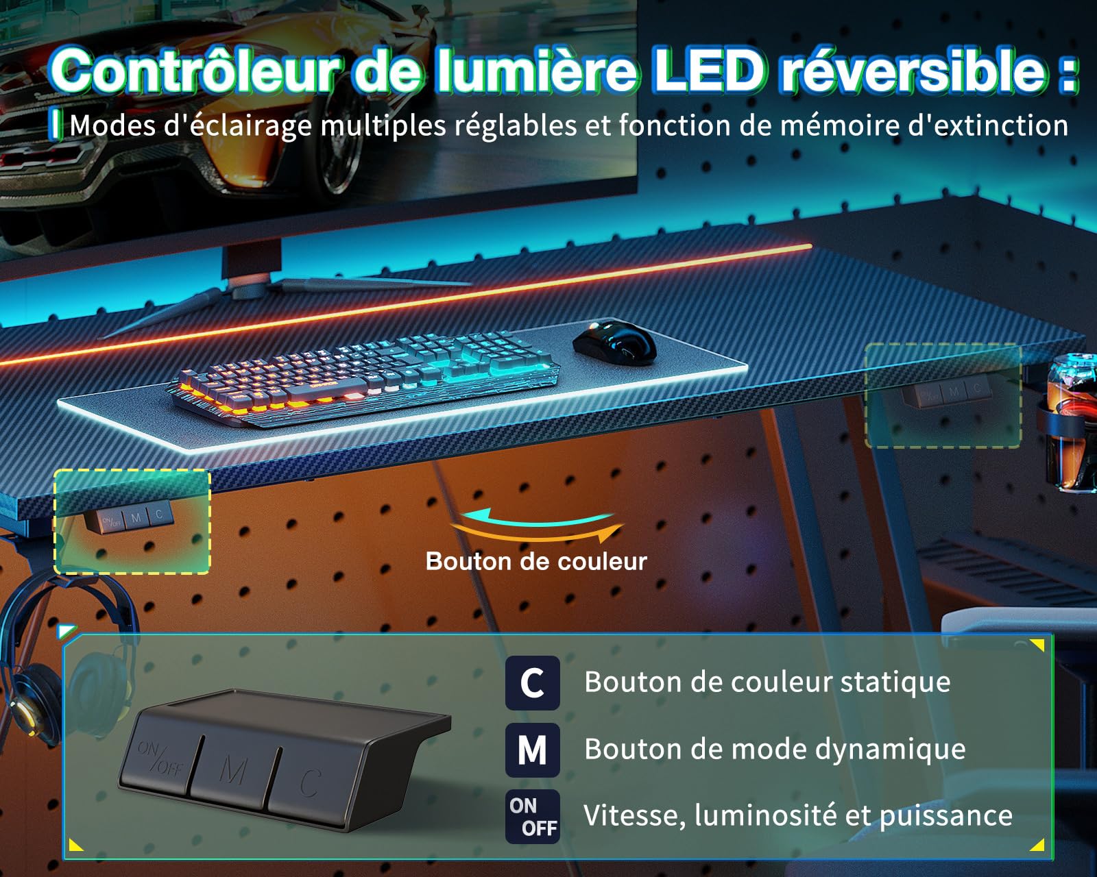 ODK Bureau Gaming LED, 80 x 50 cm Bureau Gamer, Table Gaming avec Porte-Gobelet et Crochet pour Casque D'écoute, Fibre de Carbone Noir